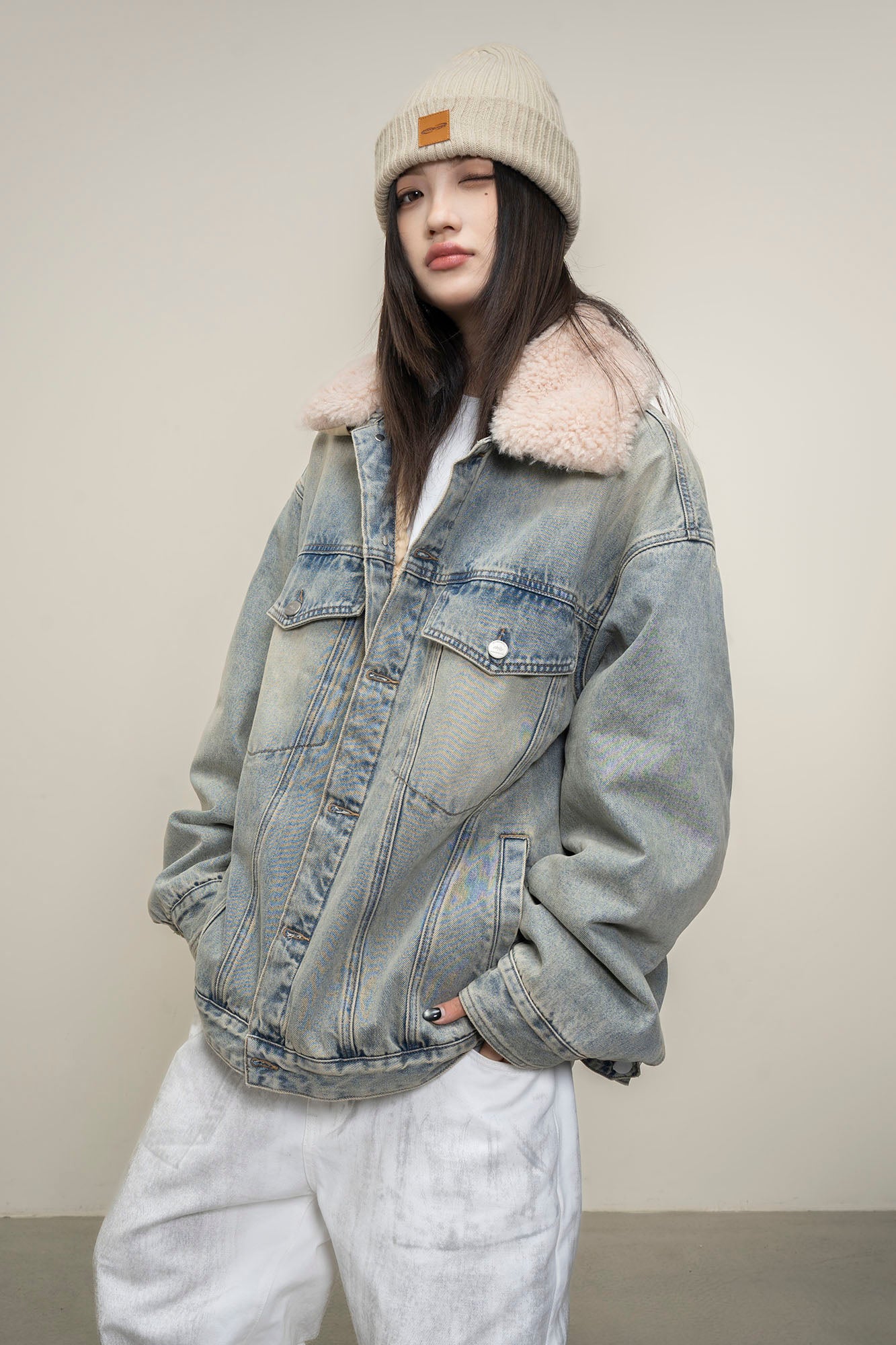 MAKEMORE Detachable Sherpa Collar Distressed Denim Jacket