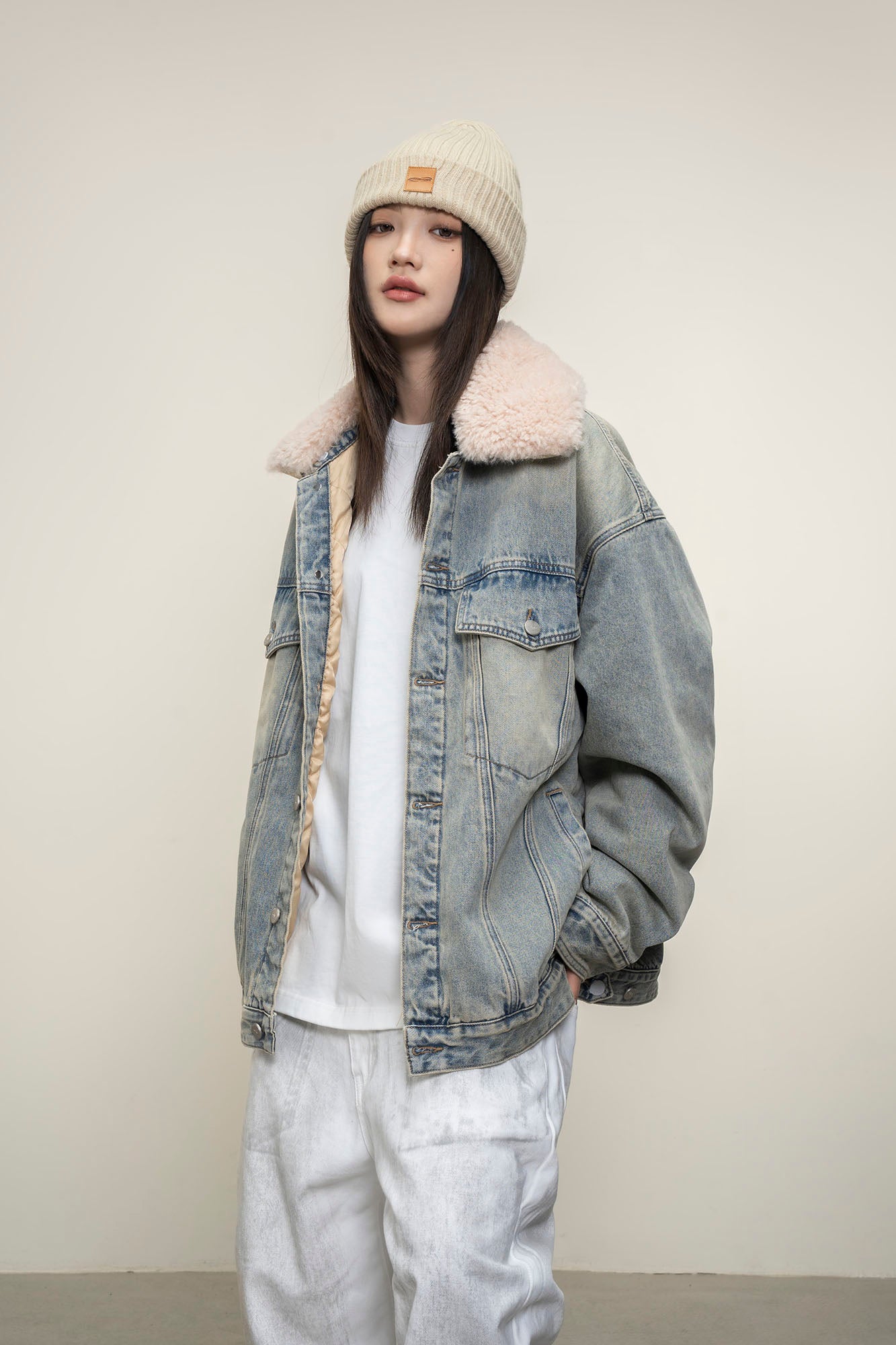MAKEMORE Detachable Sherpa Collar Distressed Denim Jacket