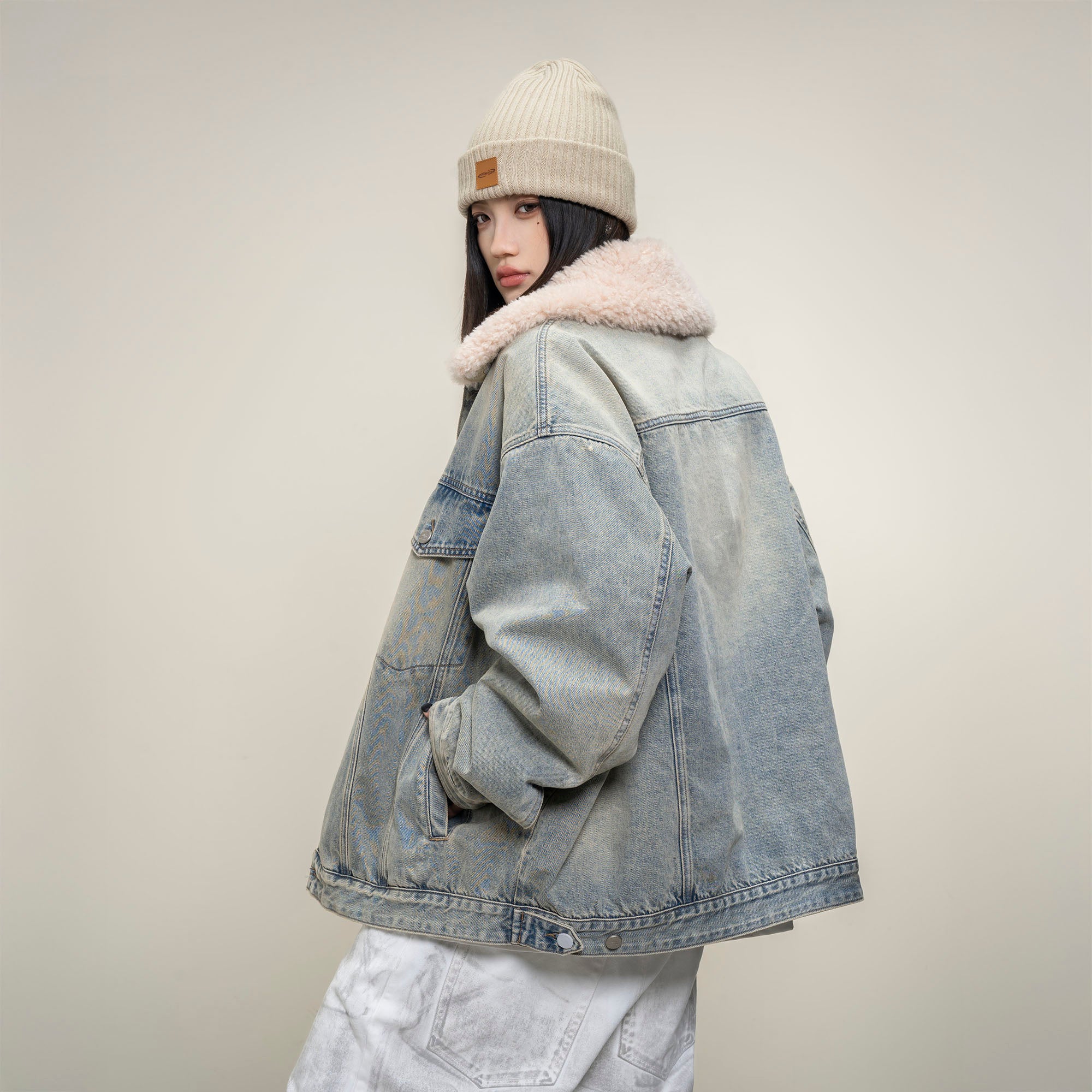 MAKEMORE Detachable Sherpa Collar Distressed Denim Jacket