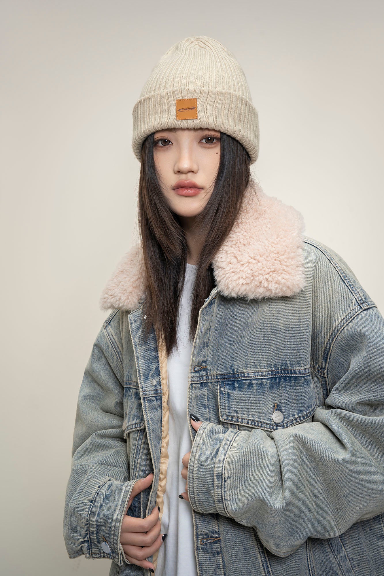 MAKEMORE Detachable Sherpa Collar Distressed Denim Jacket
