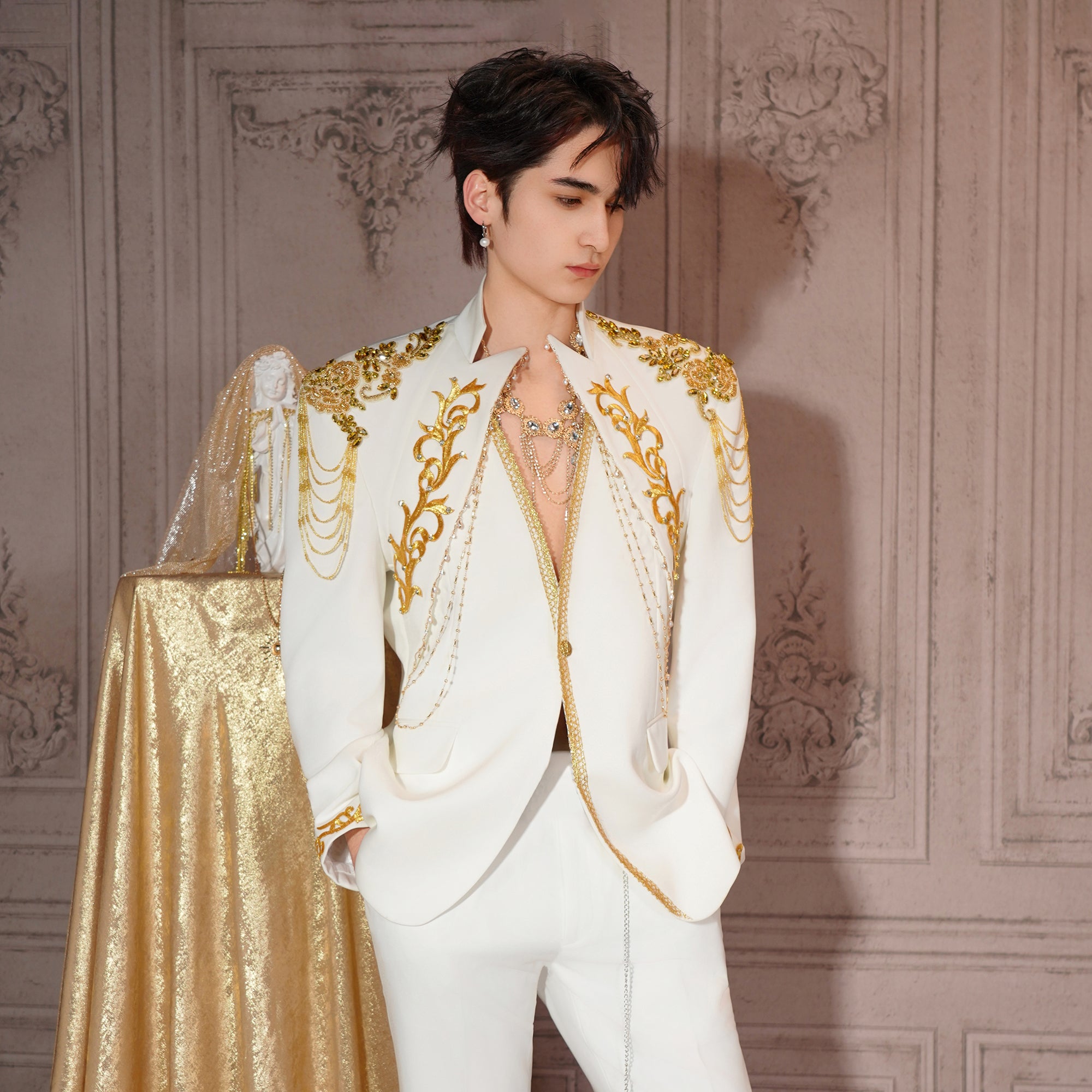 SHANG JIE Baroque Embroidered Chain-Draped Blazer, premium urban and streetwear designers apparel on PROJECTISR.com, SHANG JIE