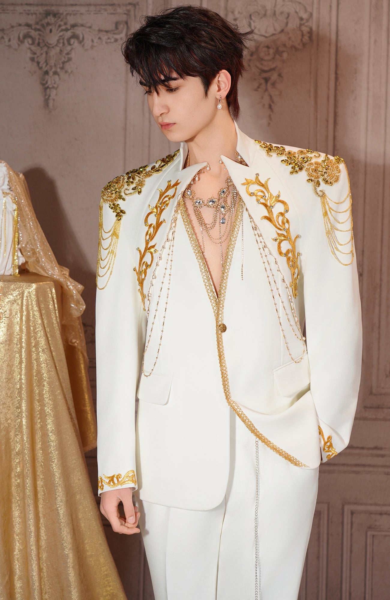 SHANG JIE Baroque Embroidered Chain-Draped Blazer, premium urban and streetwear designers apparel on PROJECTISR.com, SHANG JIE