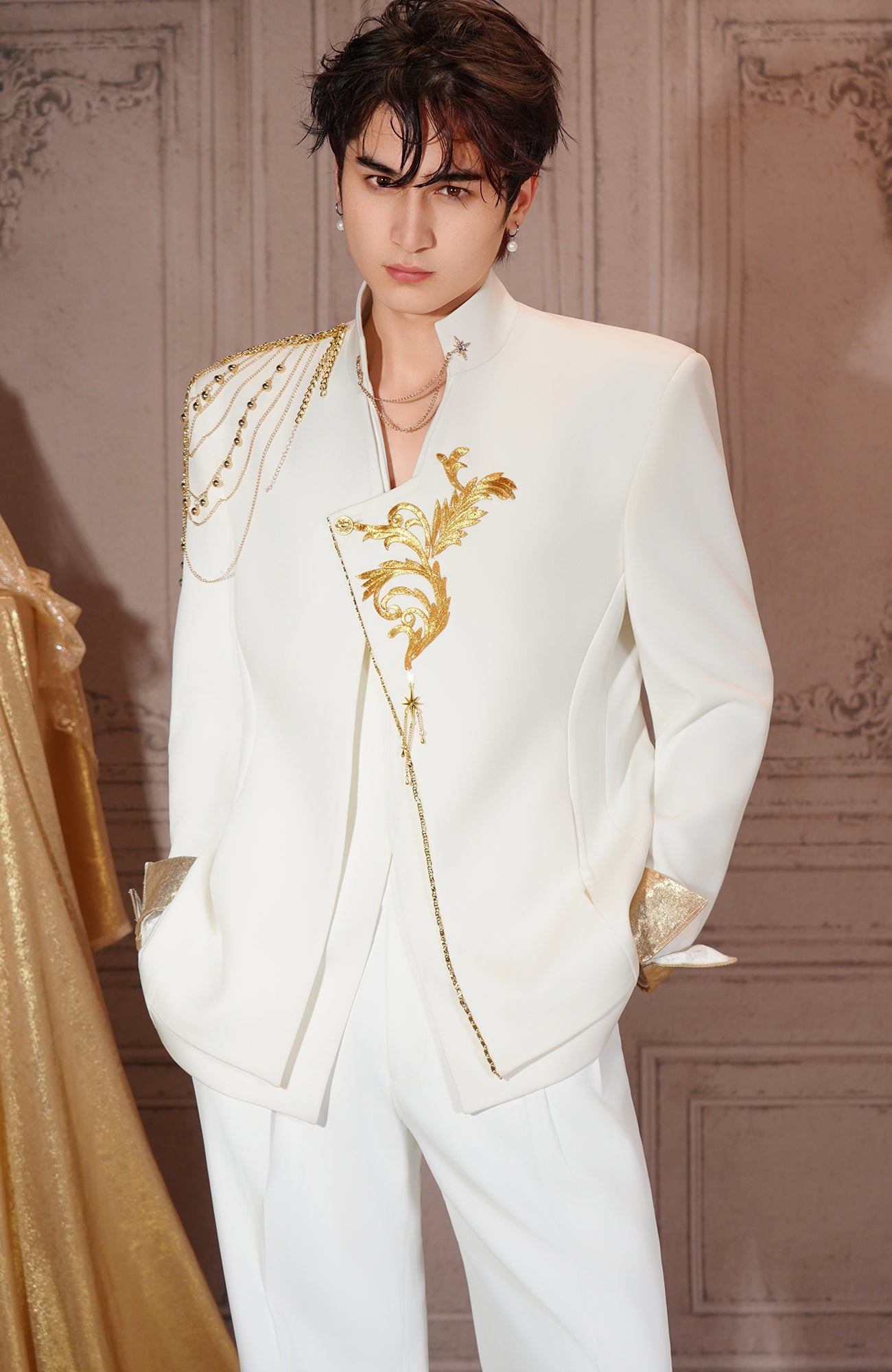 SHANG JIE Asymmetrical Placket Chain-Draped Embroidered Blazer, premium urban and streetwear designers apparel on PROJECTISR.com, SHANG JIE