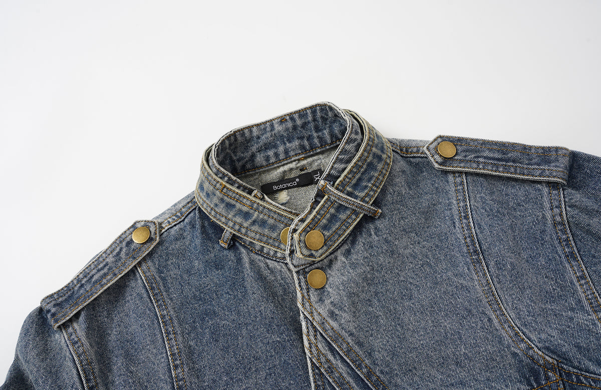 BOTANIC Washed Distressed Denim Biker Jacket