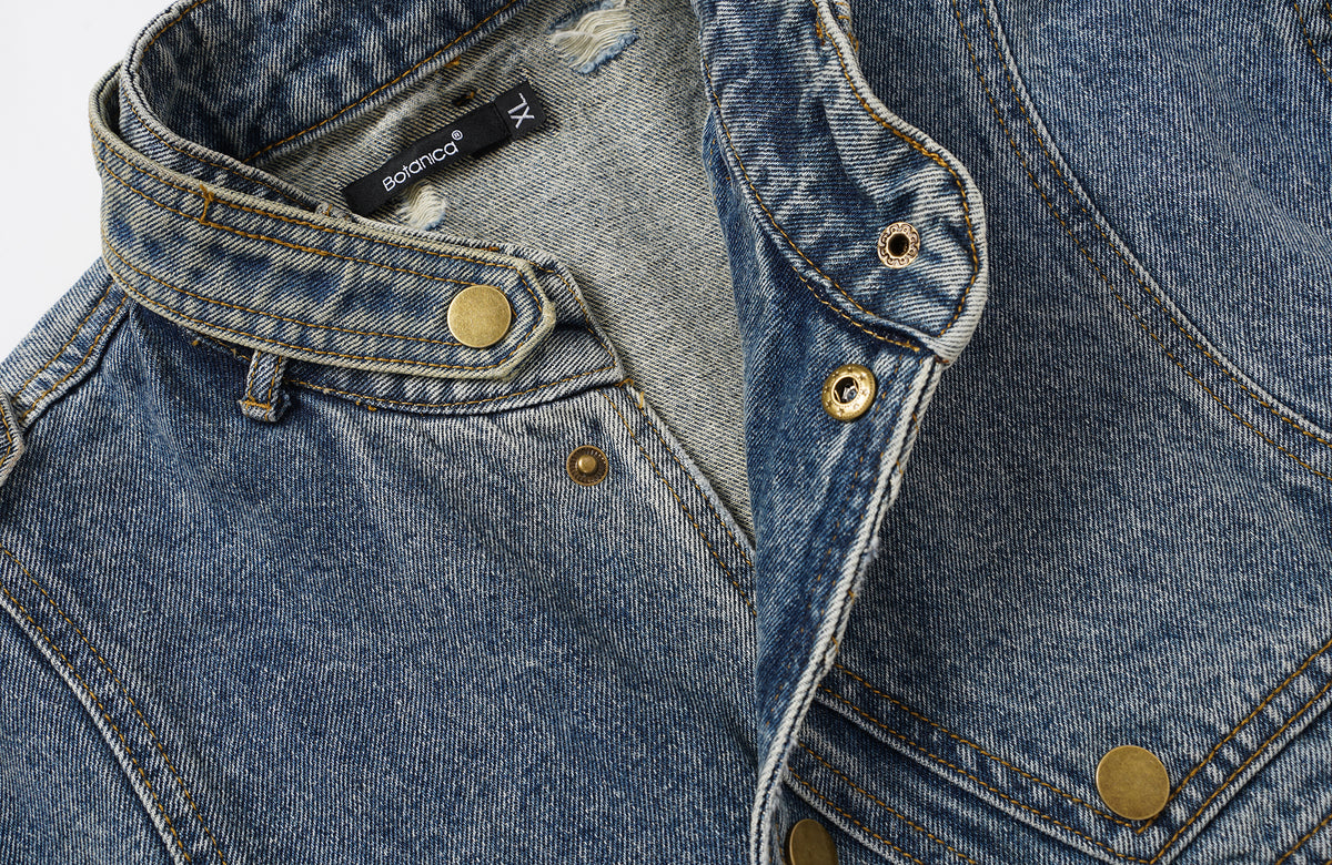 BOTANIC Washed Distressed Denim Biker Jacket