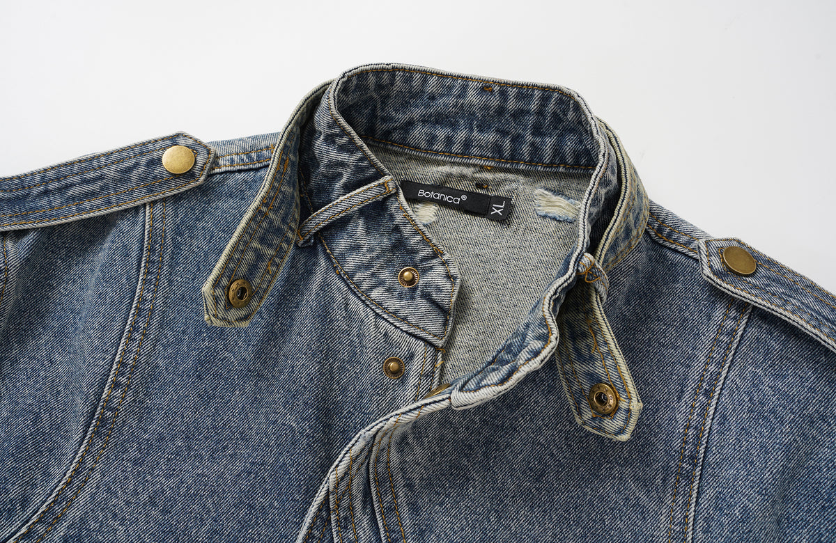 BOTANIC Washed Distressed Denim Biker Jacket
