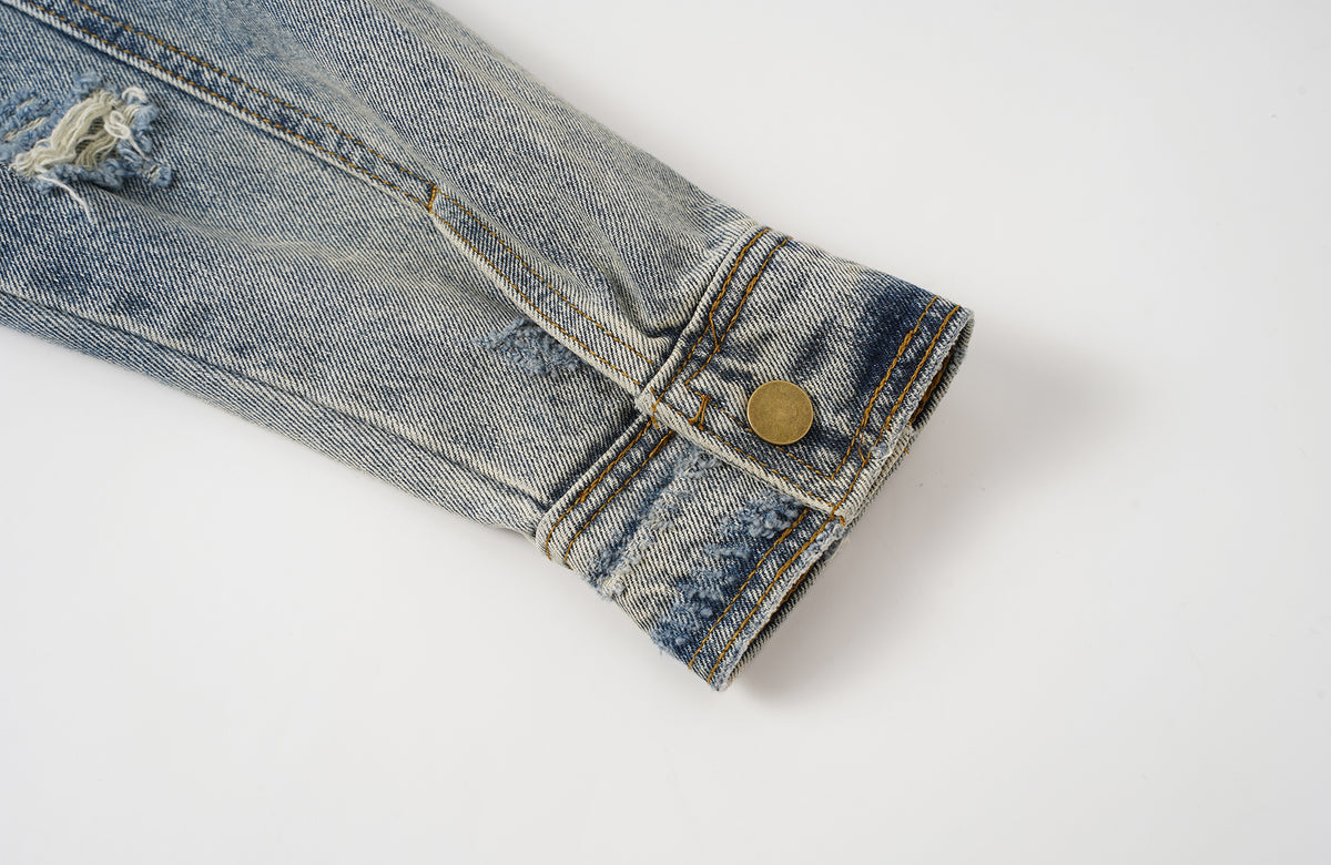 BOTANIC Washed Distressed Denim Biker Jacket