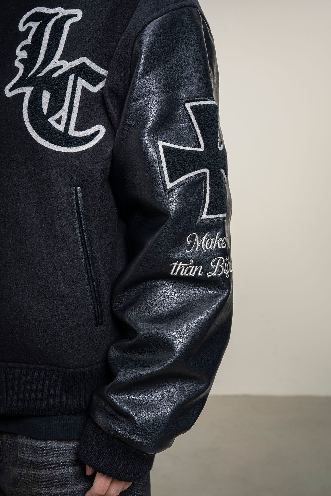 MAKEMORE Gothic Patch PU Sleeve Padded Varsity Jacket