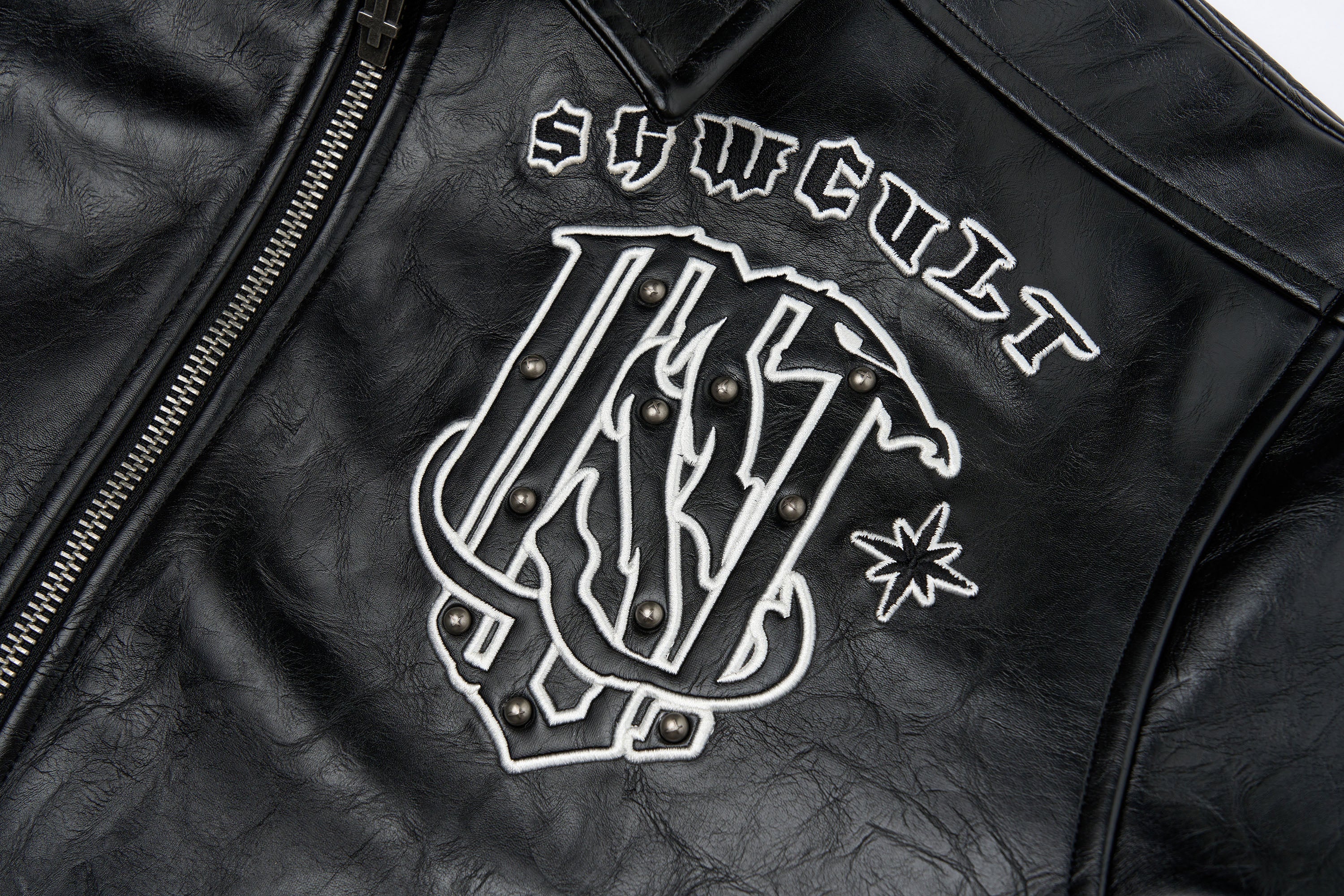 SAVAGEGROWTHWORLD No.05 Patch Faux Leather Studded Moto Jacket