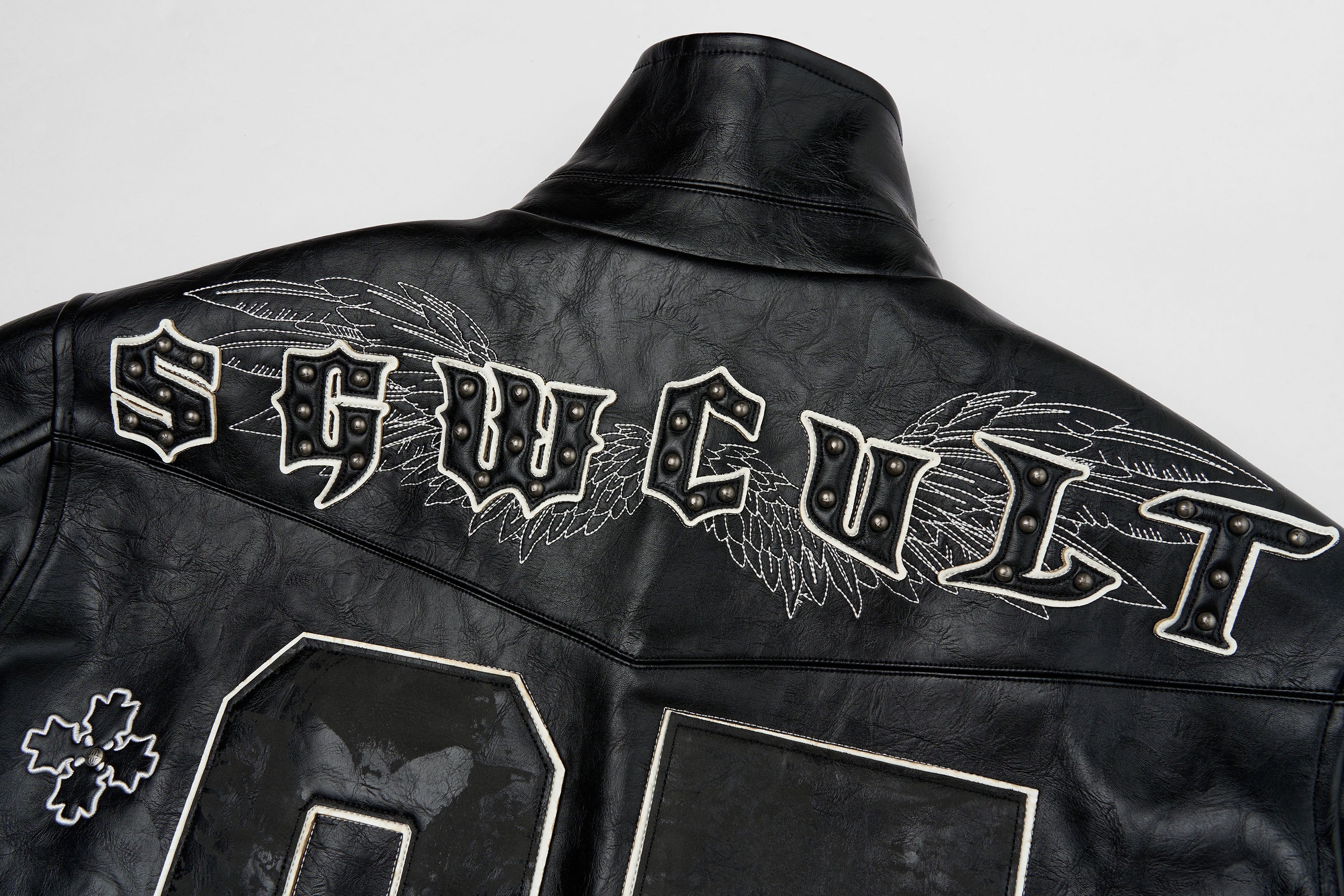 SAVAGEGROWTHWORLD No.05 Patch Faux Leather Studded Moto Jacket