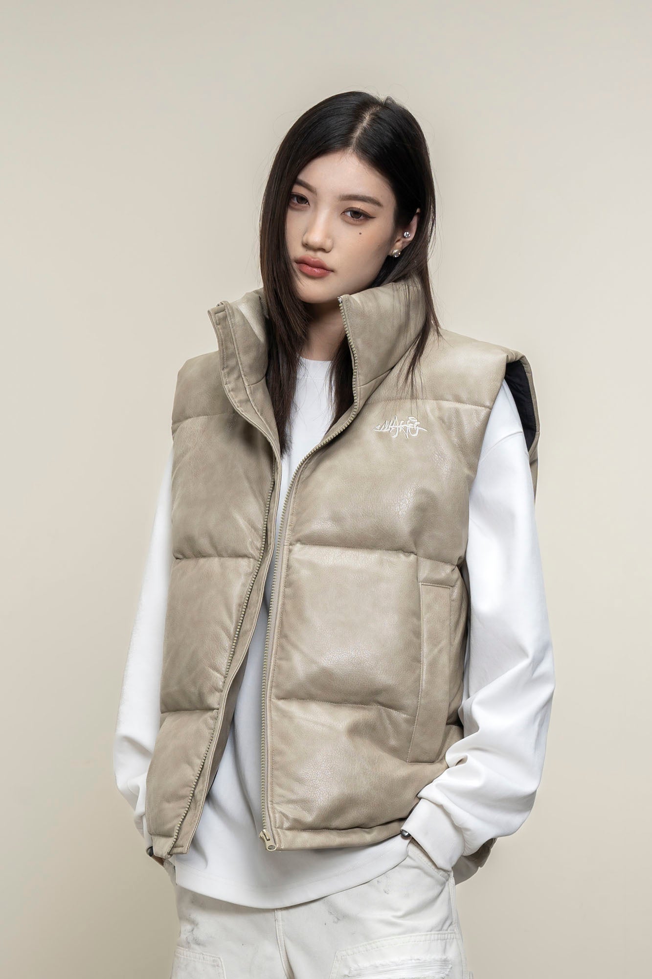 MAKEMORE PU Embossed LOGO Puffer Vest