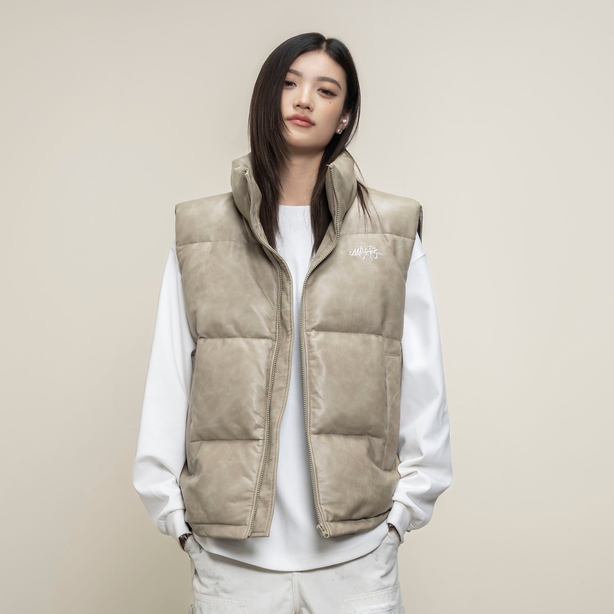 MAKEMORE PU Embossed LOGO Puffer Vest