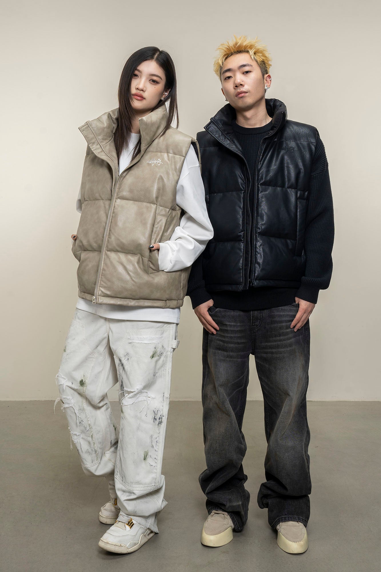 MAKEMORE PU Embossed LOGO Puffer Vest
