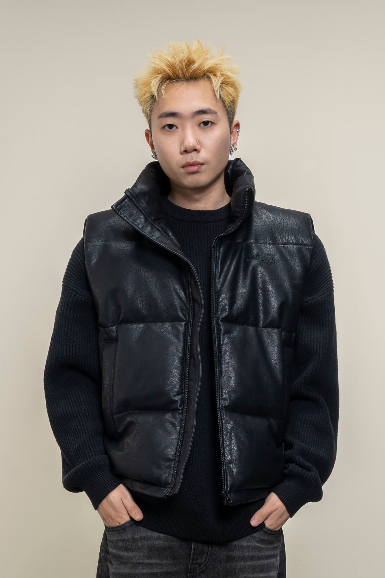 MAKEMORE PU Embossed LOGO Puffer Vest