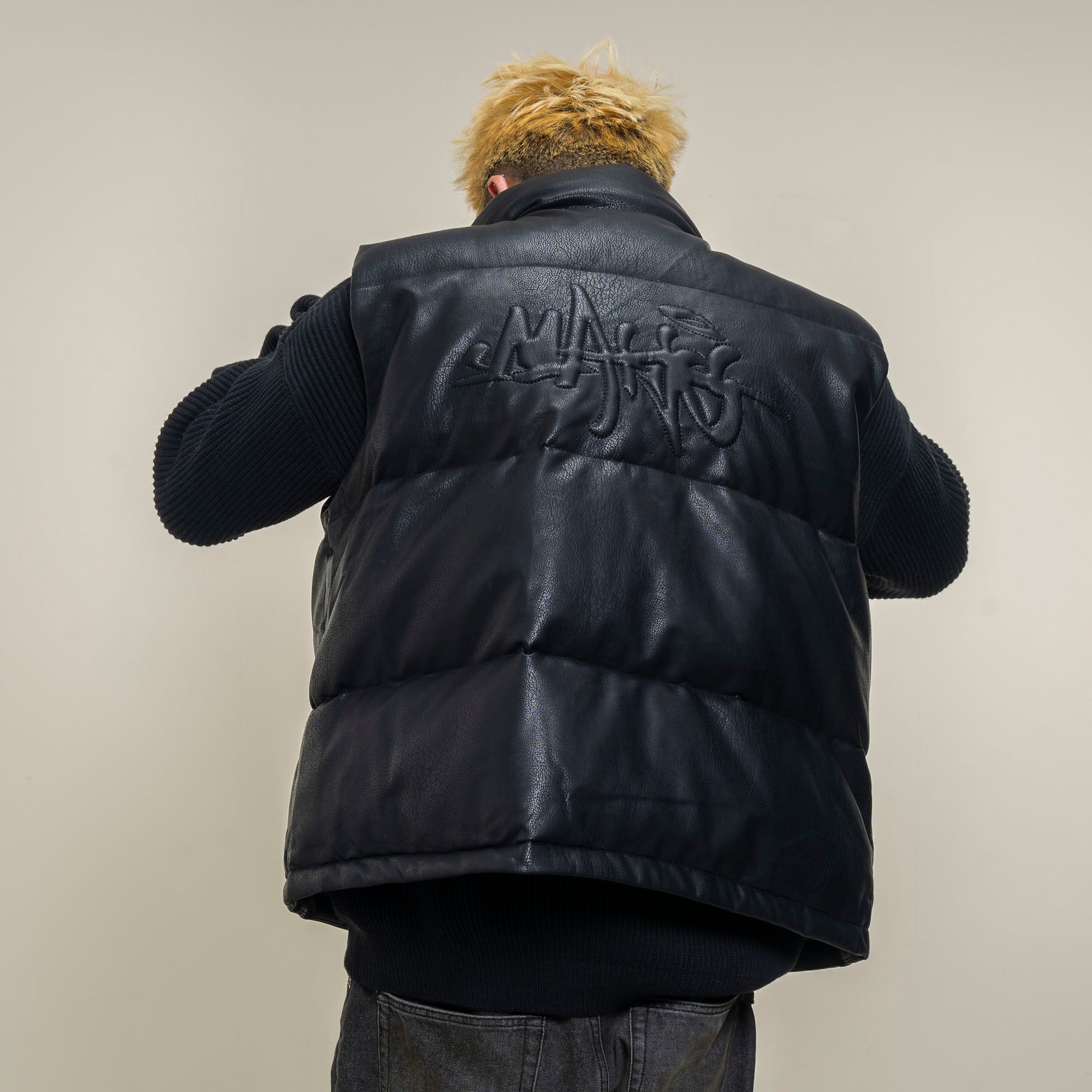 MAKEMORE PU Embossed LOGO Puffer Vest