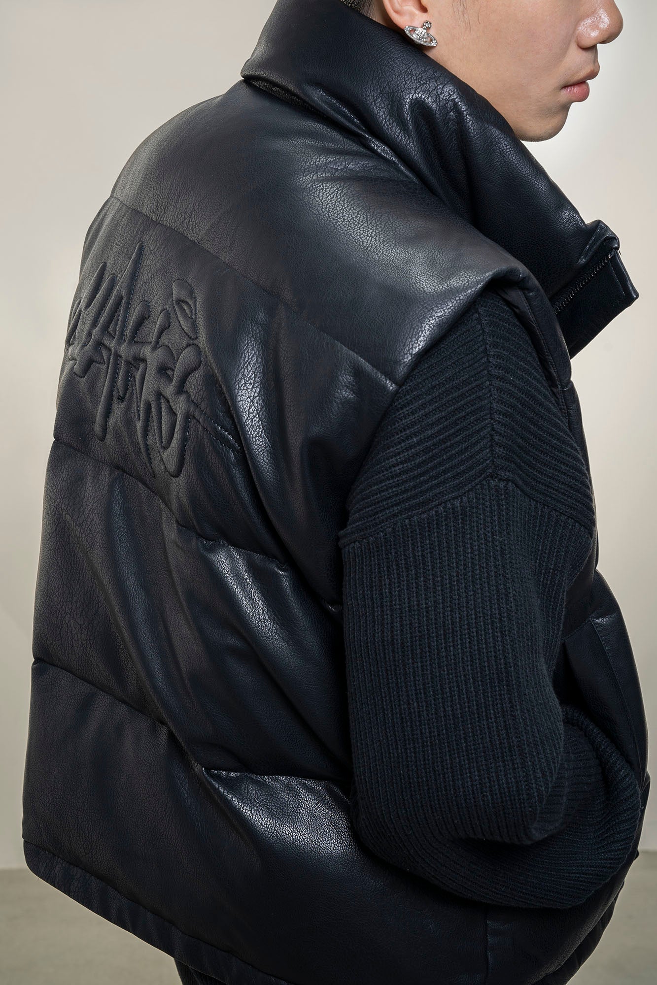 MAKEMORE PU Embossed LOGO Puffer Vest