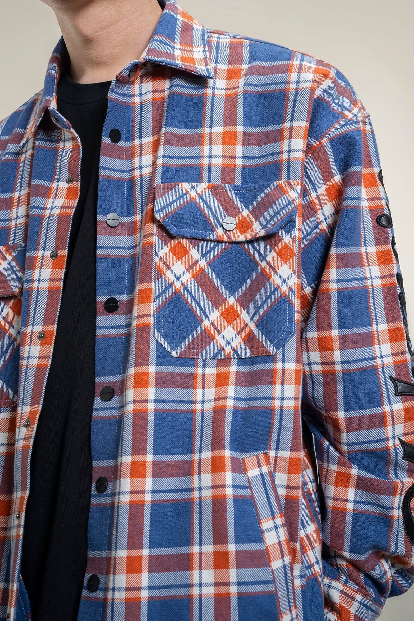 MAKEMORE Flap Pocket Plaid LOGO Patch Shirt, premium urban and streetwear designers apparel on PROJECTISR.com, MAKEMORE