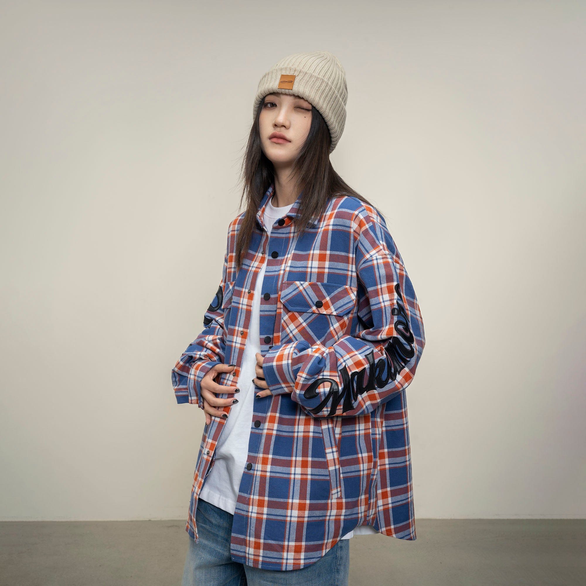 MAKEMORE Flap Pocket Plaid LOGO Patch Shirt, premium urban and streetwear designers apparel on PROJECTISR.com, MAKEMORE