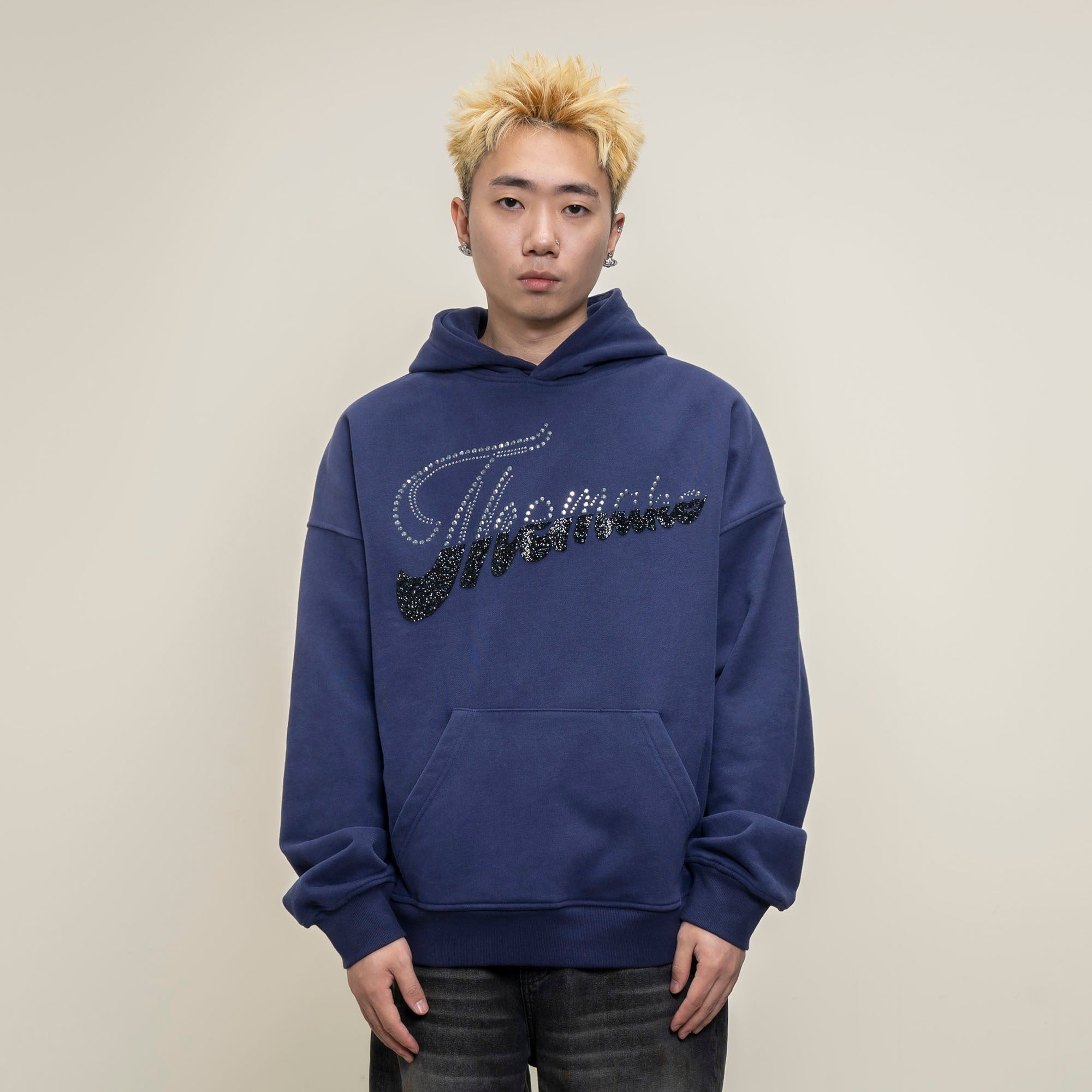 MAKEMORE Rhinestone Contrast LOGO Fleece Hoodie