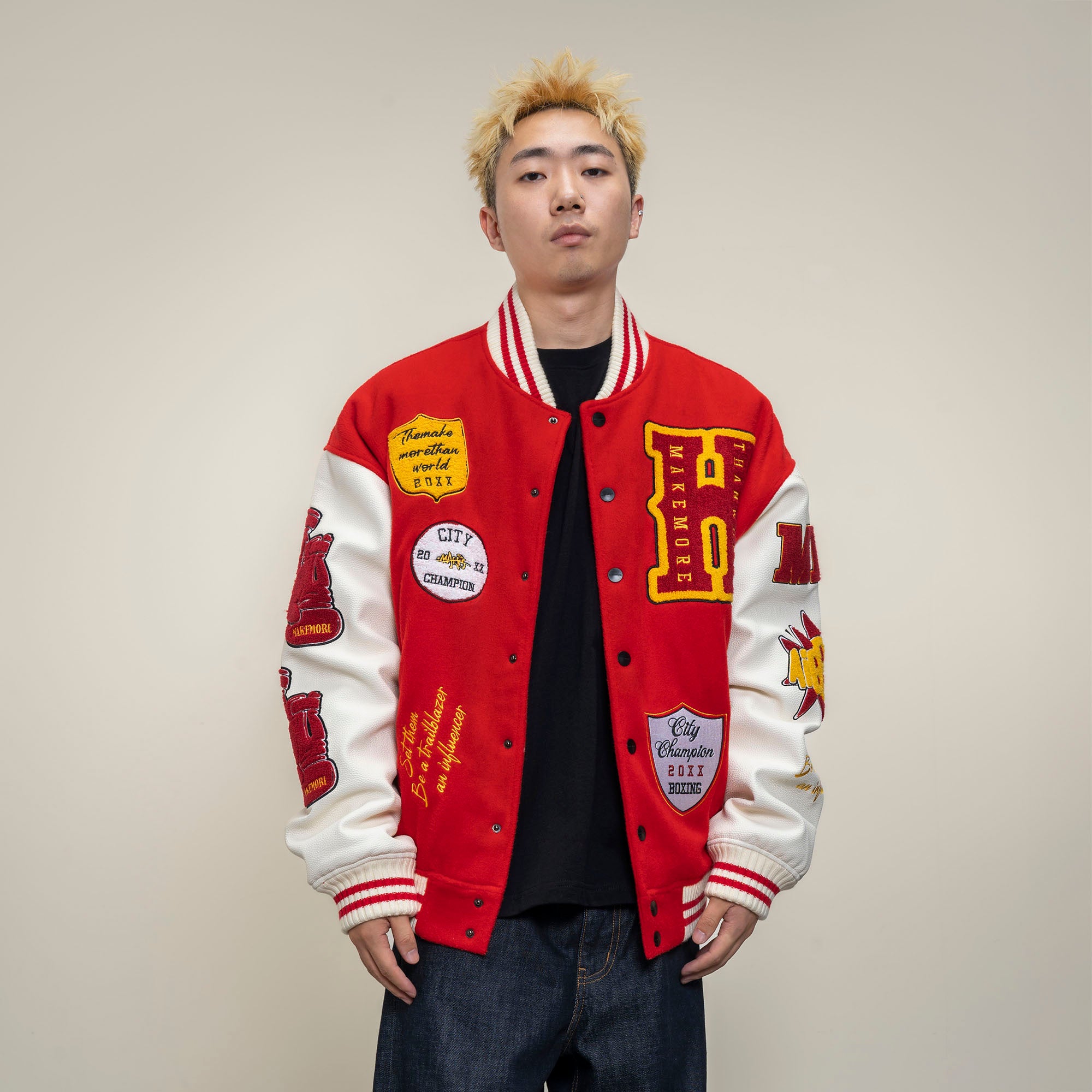 MAKEMORE Boxing Patch PU Sleeve Varsity Jacket