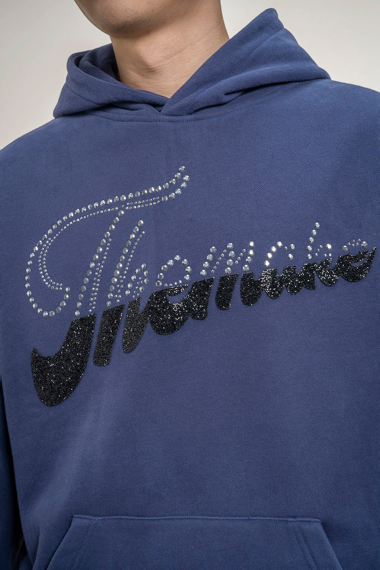 MAKEMORE Rhinestone Contrast LOGO Fleece Hoodie