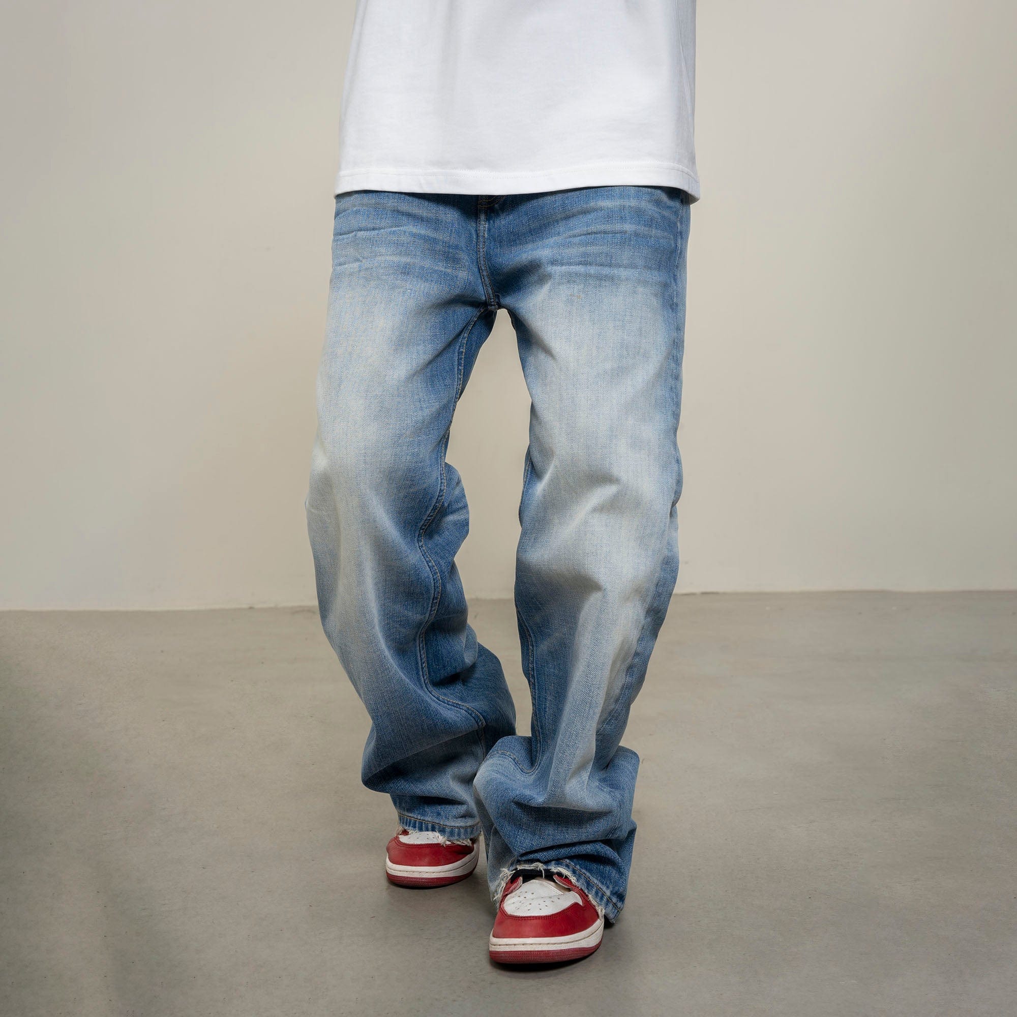 MAKEMORE Distress Faded Raw Hem Jeans, premium urban and streetwear designers apparel on PROJECTISR.com, MAKEMORE