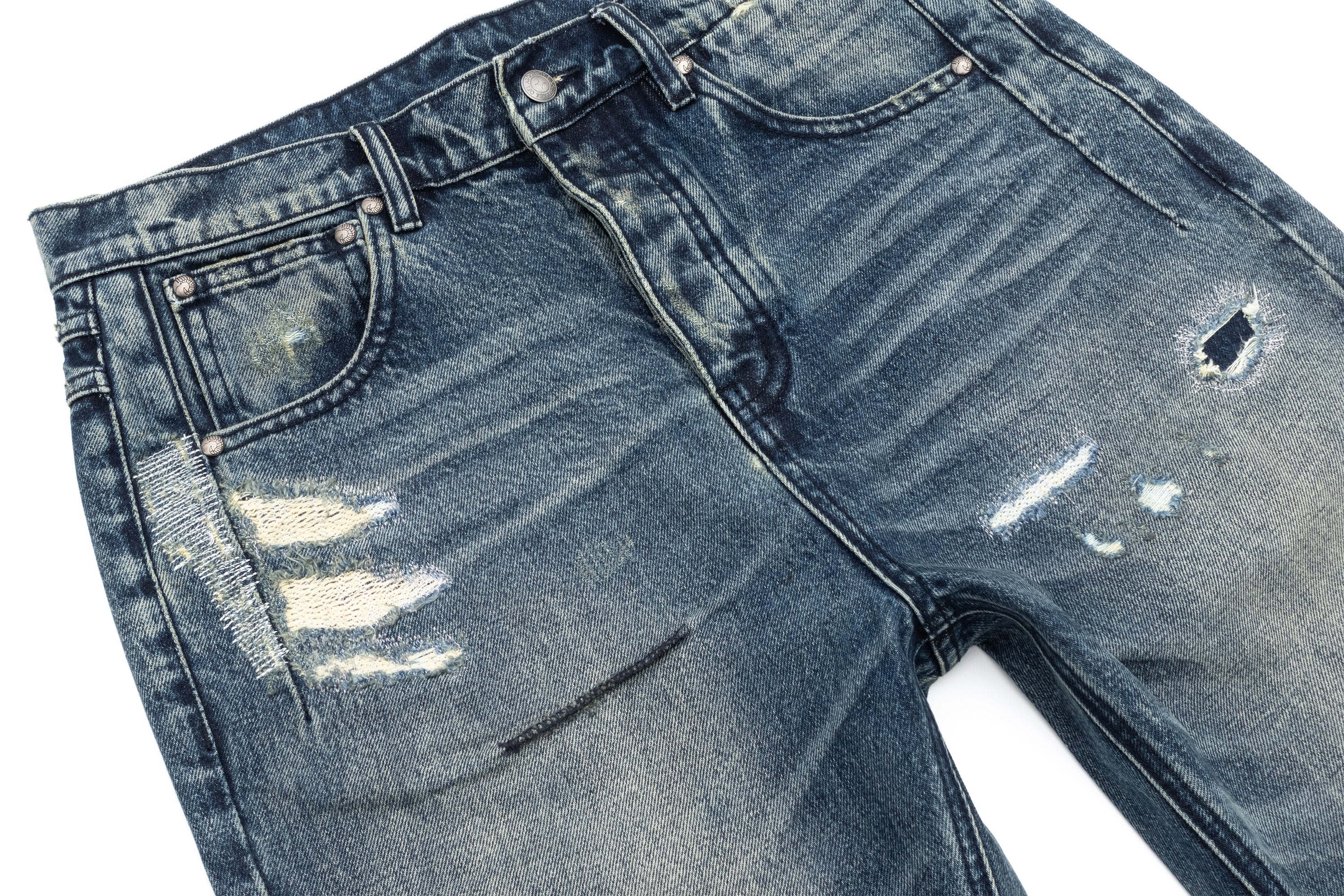 IN EXISTENCE Distressed Stitched Patch Flared Jeans