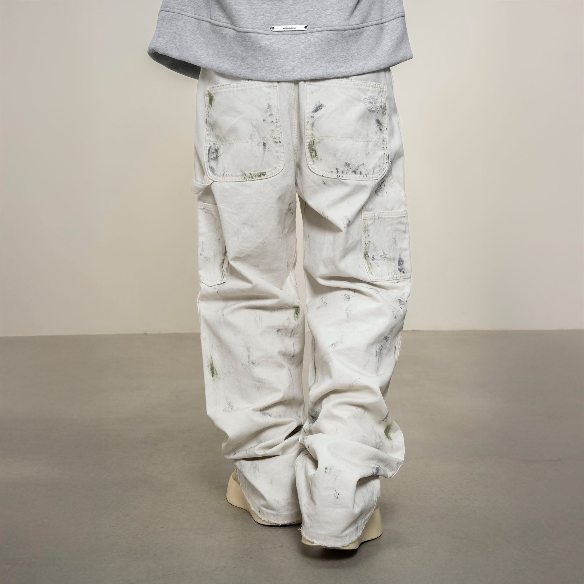 MAKEMORE Distressed Paint-Splattered Double-Knee Jeans White