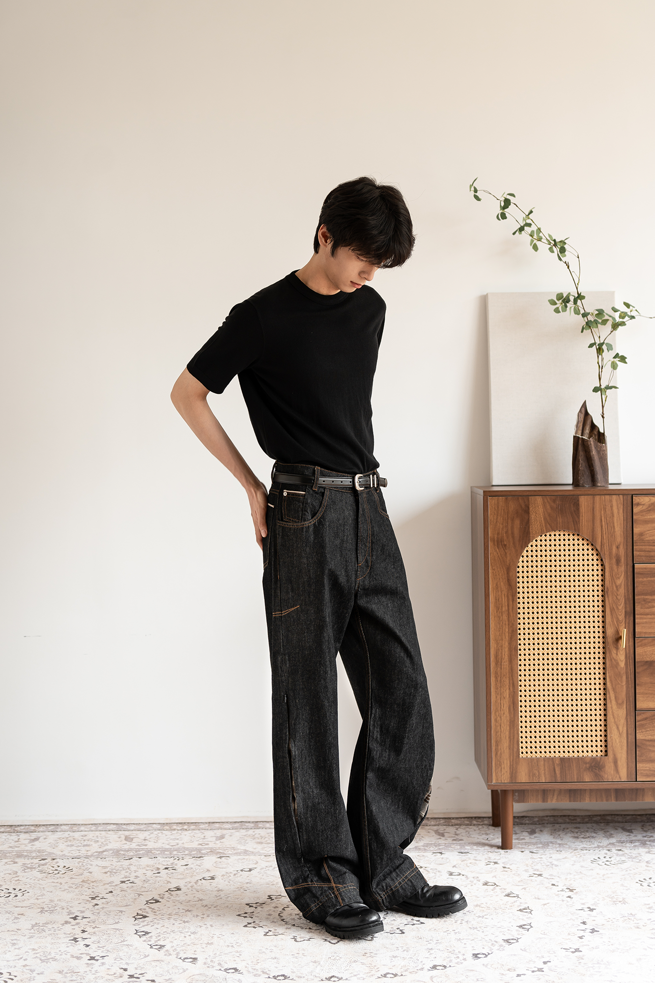 MOITIEDEPETALE Plaid-Inset Wide-Leg Selvedge Jeans