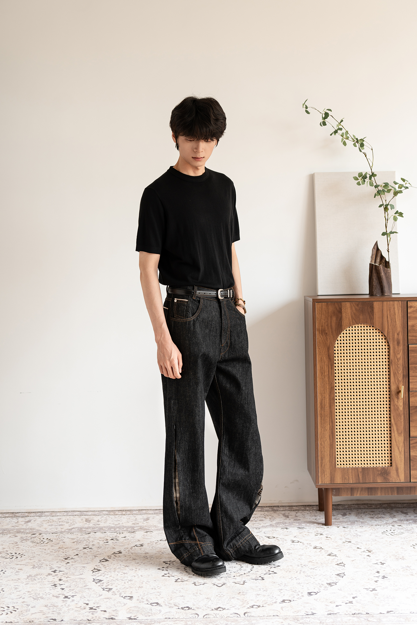 MOITIEDEPETALE Plaid-Inset Wide-Leg Selvedge Jeans