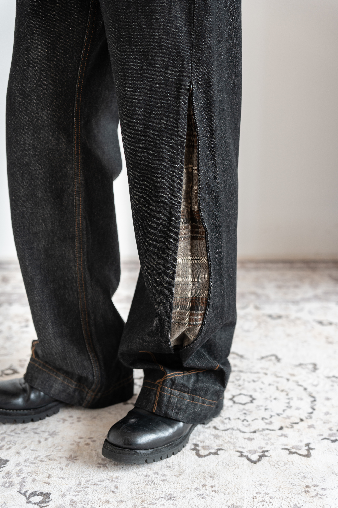 MOITIEDEPETALE Plaid-Inset Wide-Leg Selvedge Jeans