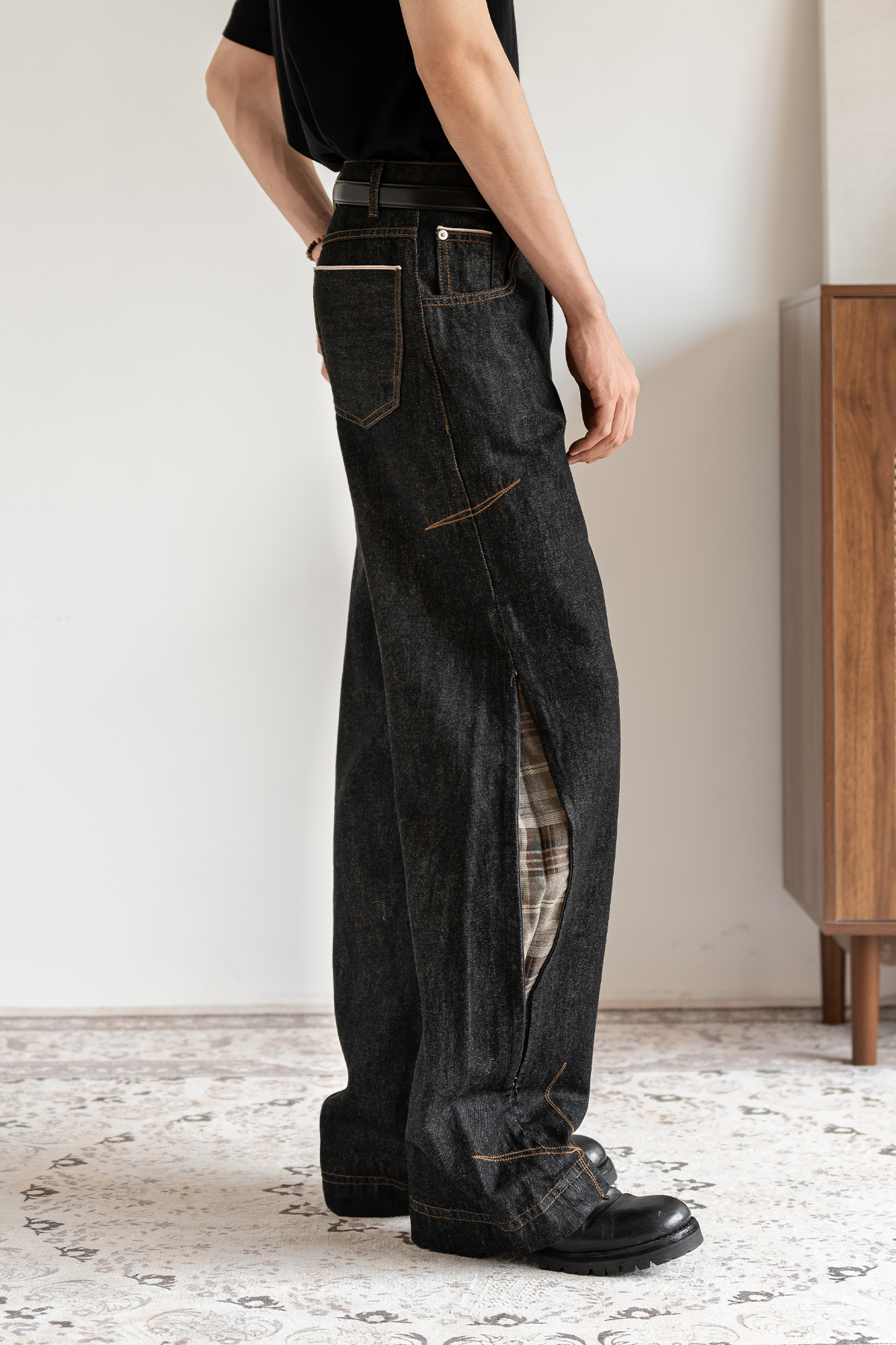MOITIEDEPETALE Plaid-Inset Wide-Leg Selvedge Jeans