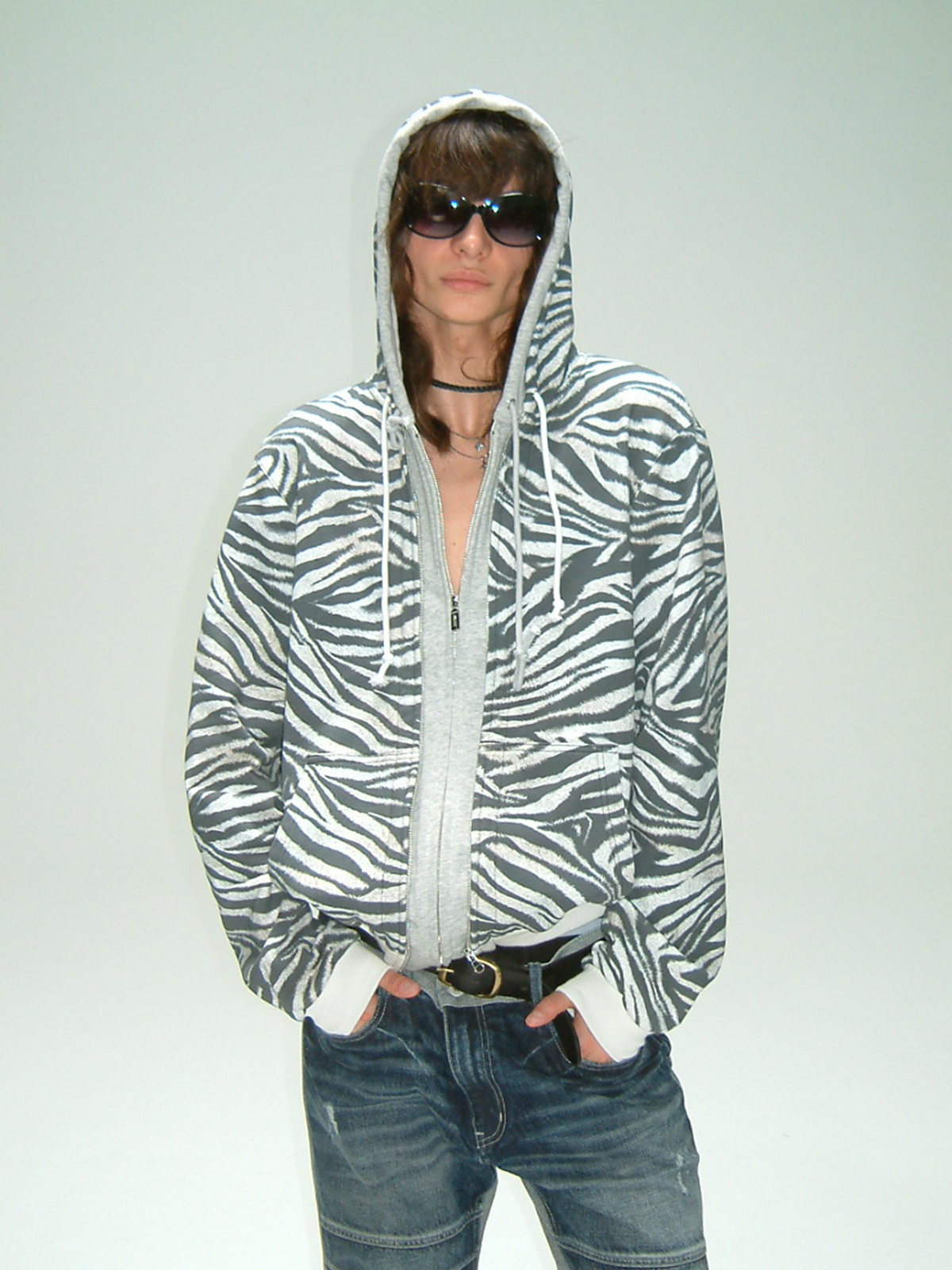 TRECLUB Retro Zebra-Print Zip-Up Hoodie