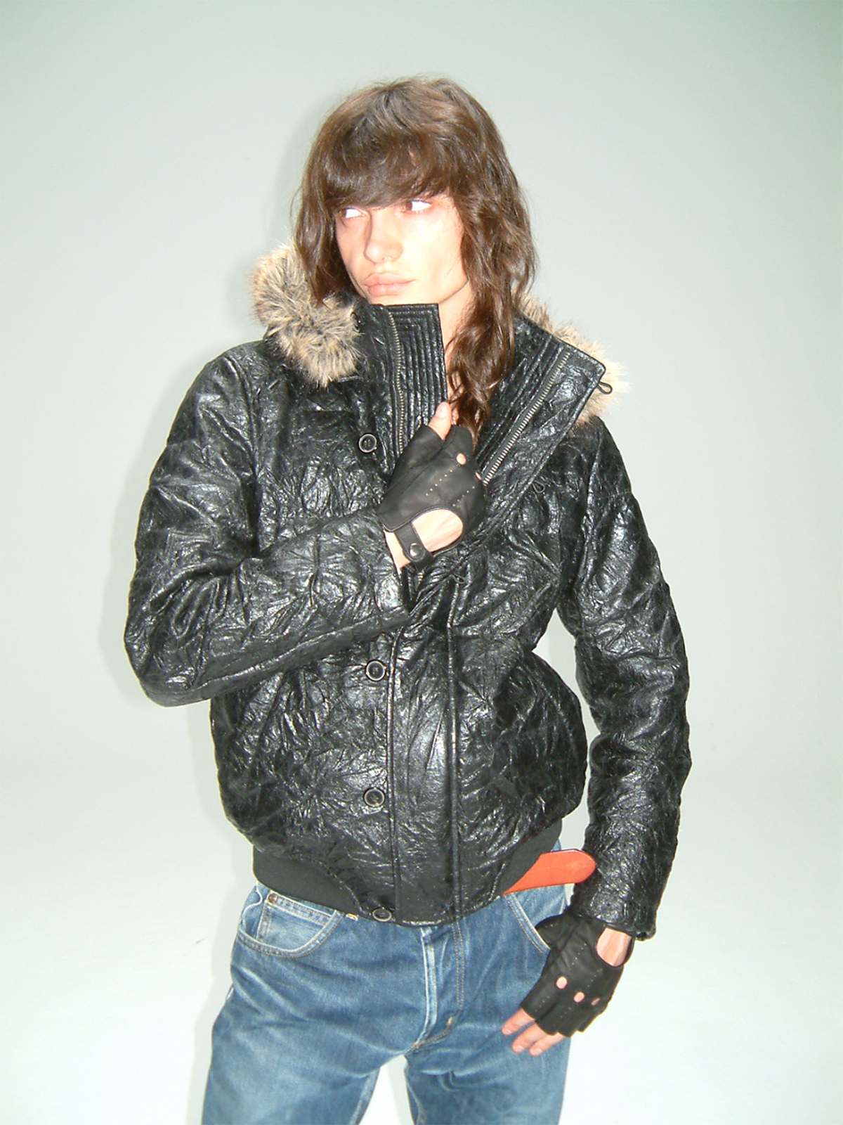 TRECLUB Crinkled Faux Leather Fur-Collar Hooded Jacket, premium urban and streetwear designers apparel on PROJECTISR.com, TRECLUB