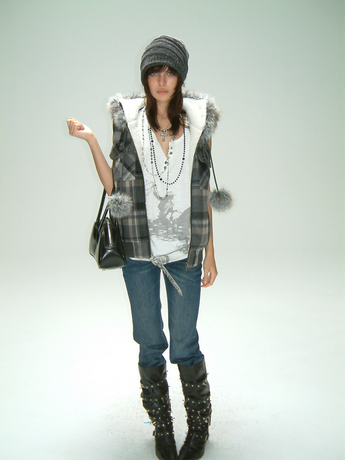 TRECLUB Retro Plaid Hooded Faux Fur Collar Vest