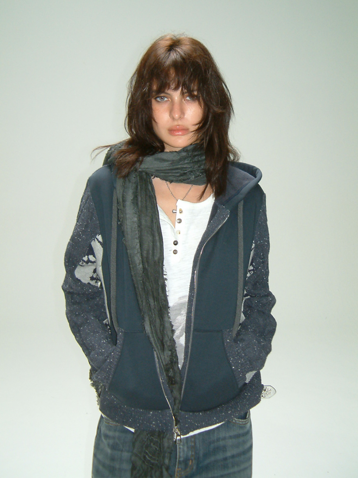 TRECLUB Skull Graphic Spliced Zip-Up Knit Hoodie