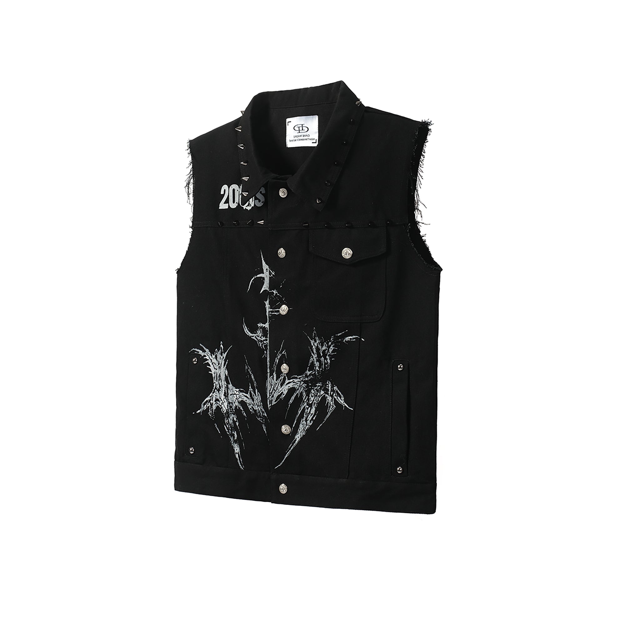 DREAM BAND Distressed Graphic Studded Denim Vest
