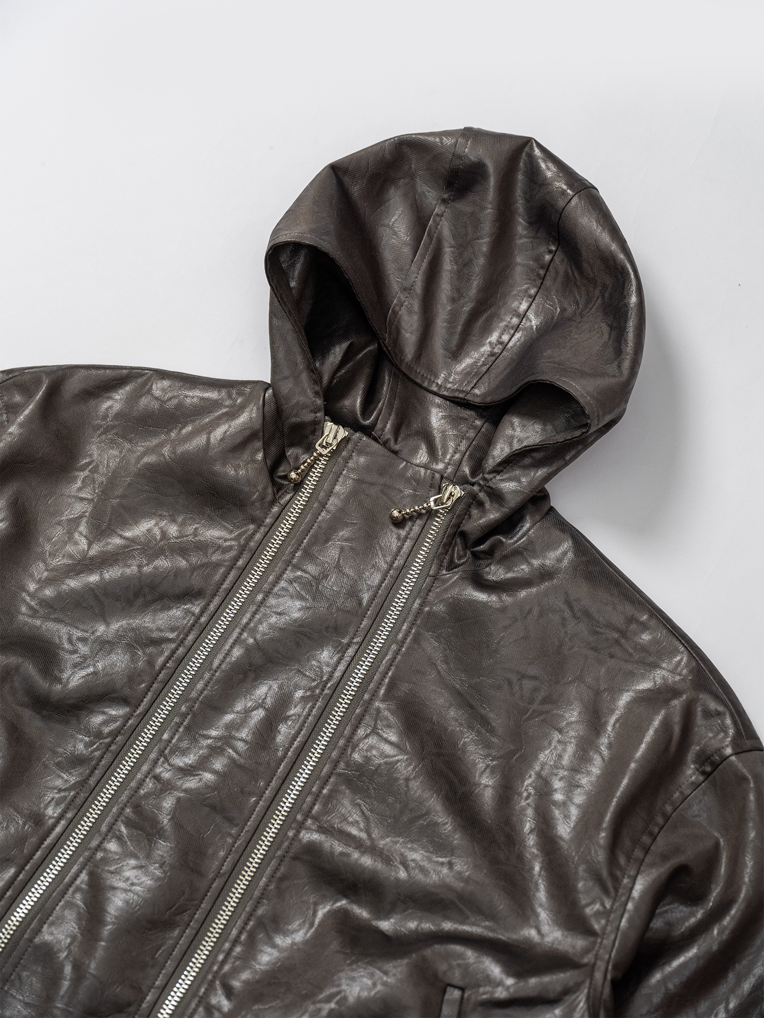 KADAKADA Faux Leather Dual-Zipper Hooded Jacket