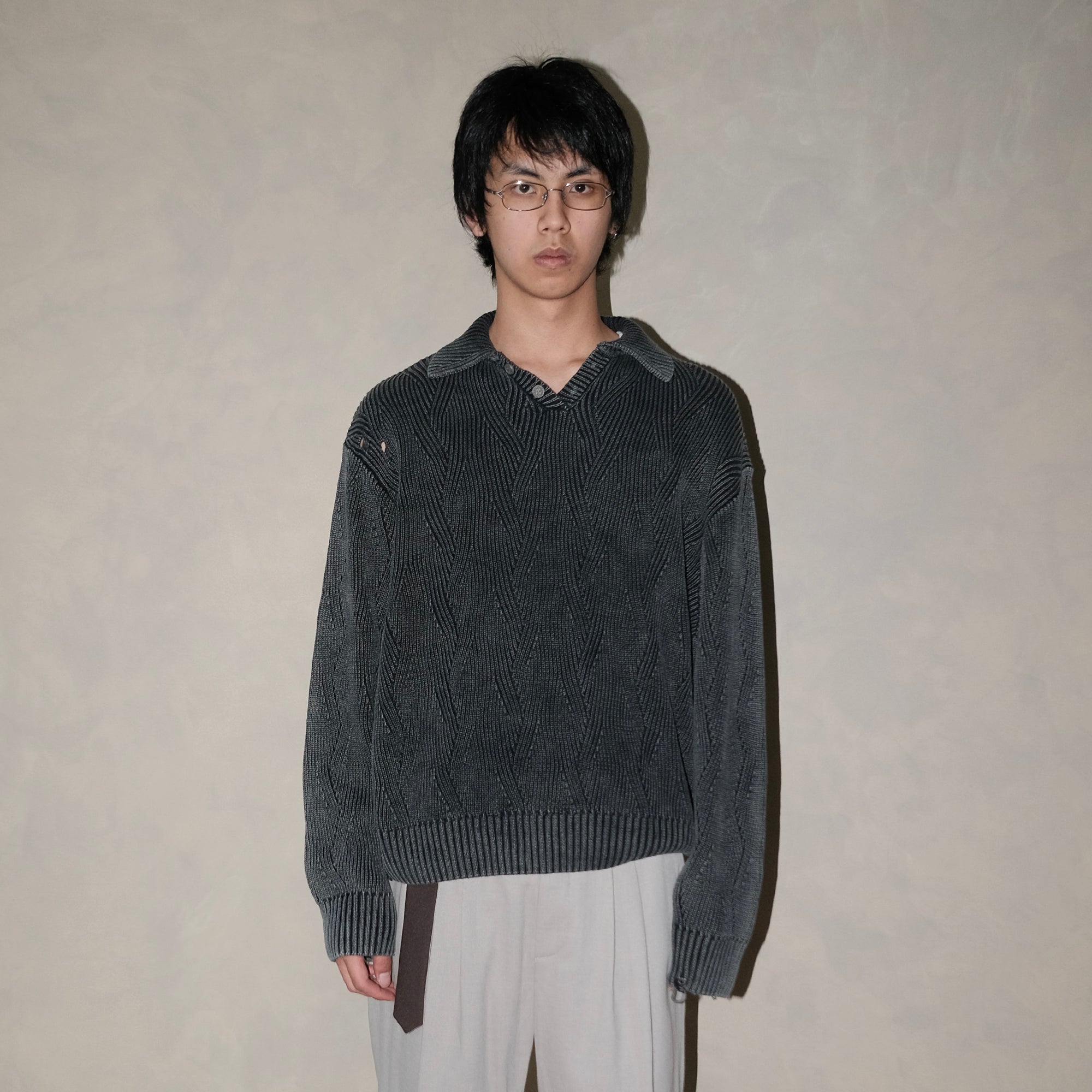 IN EXISTENCE Distressed Chevron Collared Sweater