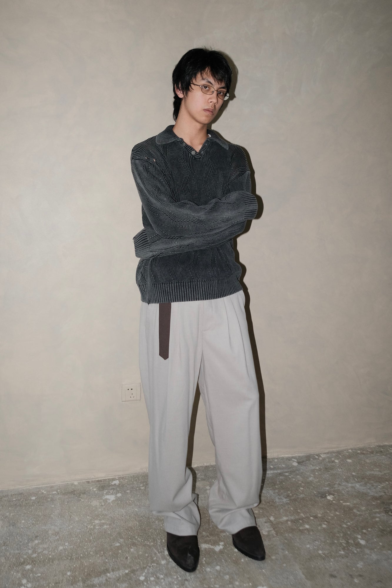 IN EXISTENCE Distressed Chevron Collared Sweater