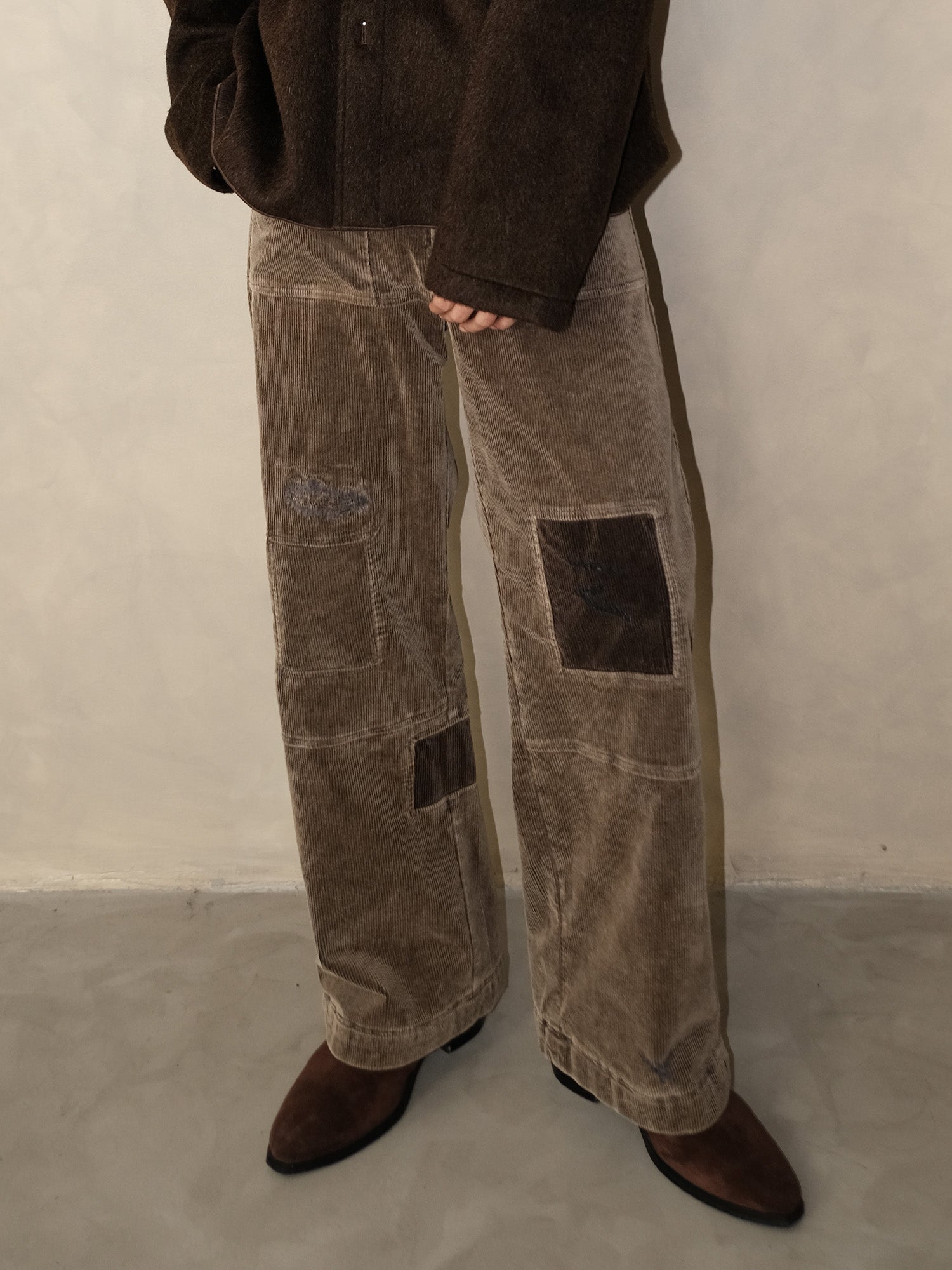 IN EXISTENCE Distressed Corduroy Patched Embroidered Pants