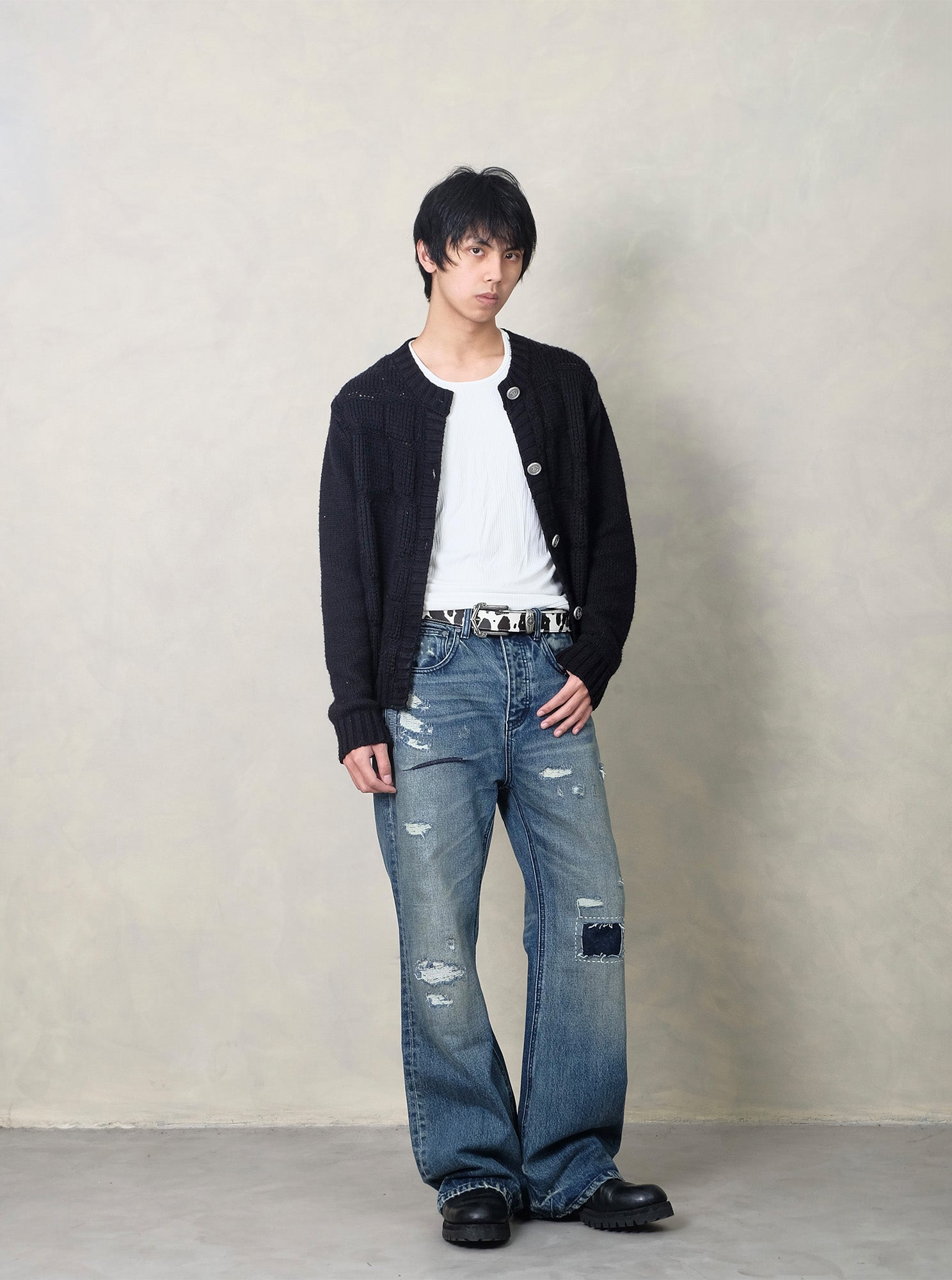 IN EXISTENCE Distressed Stitched Patch Flared Jeans