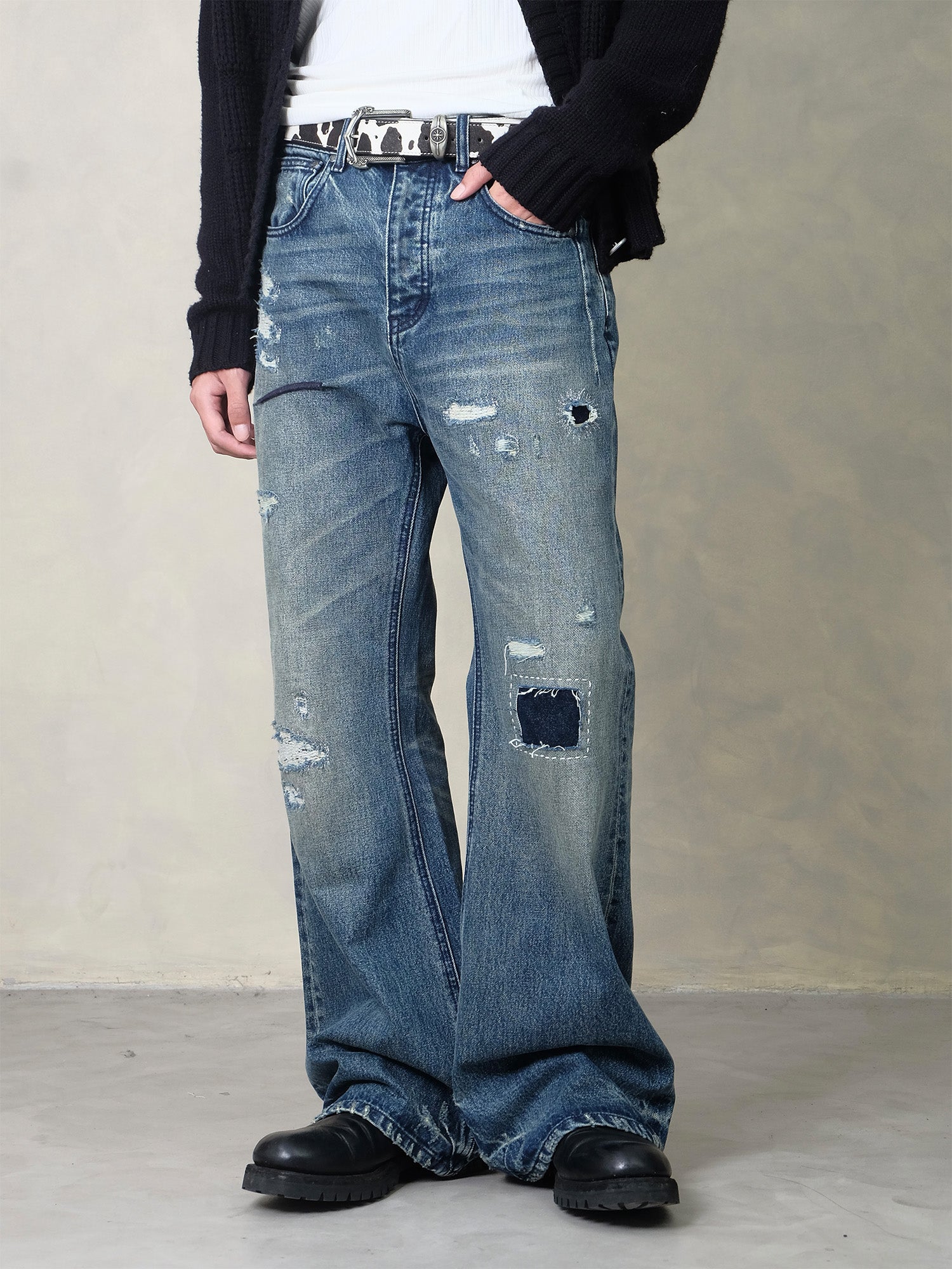IN EXISTENCE Distressed Stitched Patch Flared Jeans
