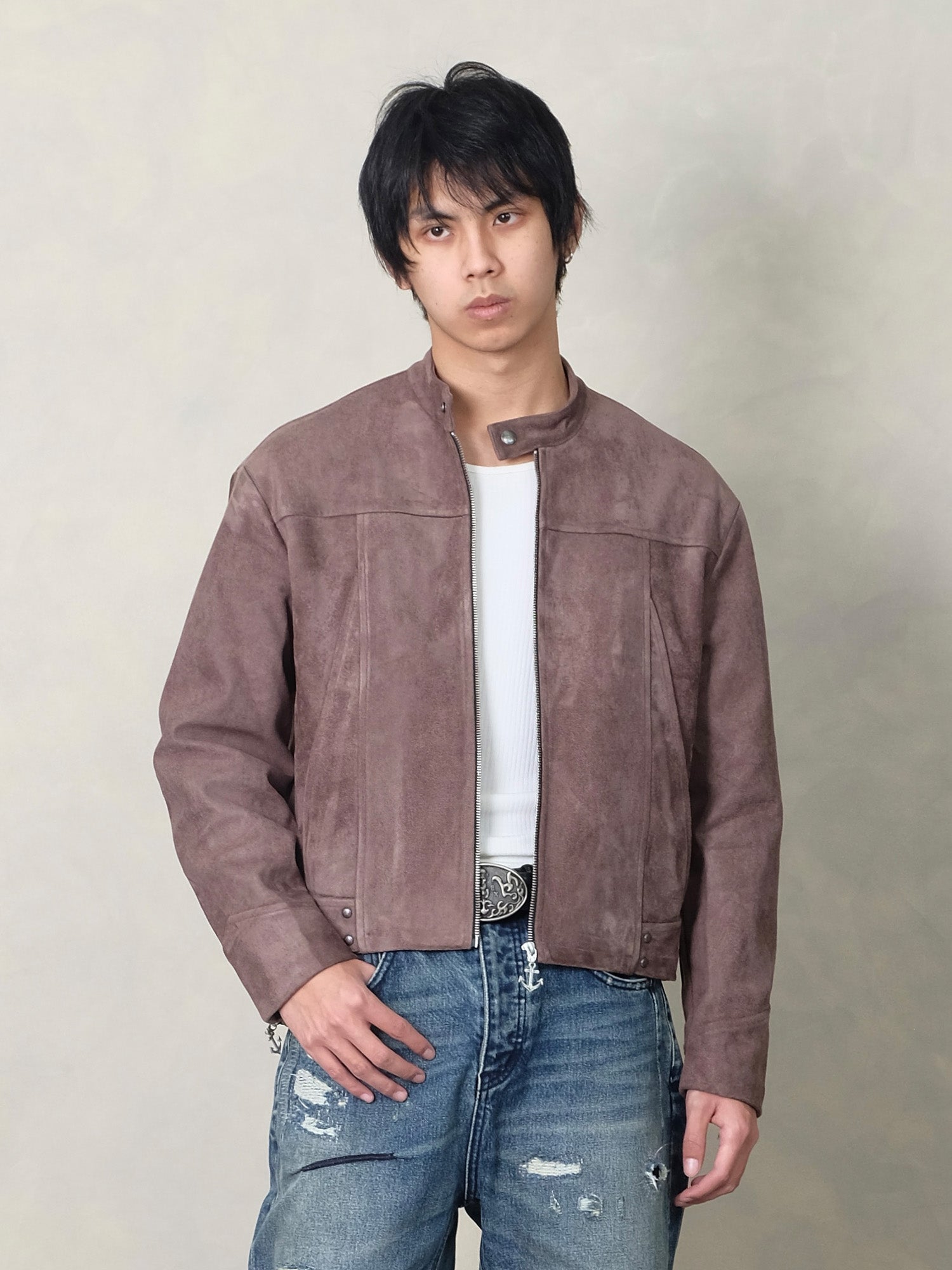 IN EXISTENCE Paneled Faux Suede Rivet Biker Jacket