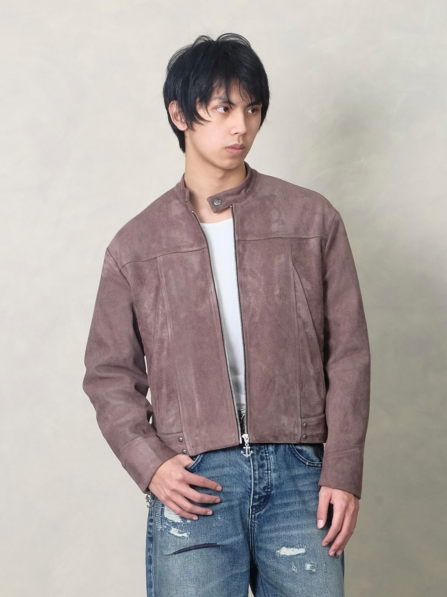 IN EXISTENCE Paneled Faux Suede Rivet Biker Jacket