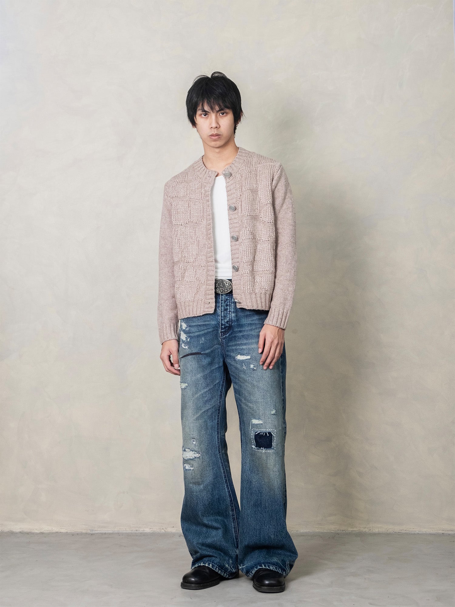 IN EXISTENCE Distressed Stitched Patch Flared Jeans