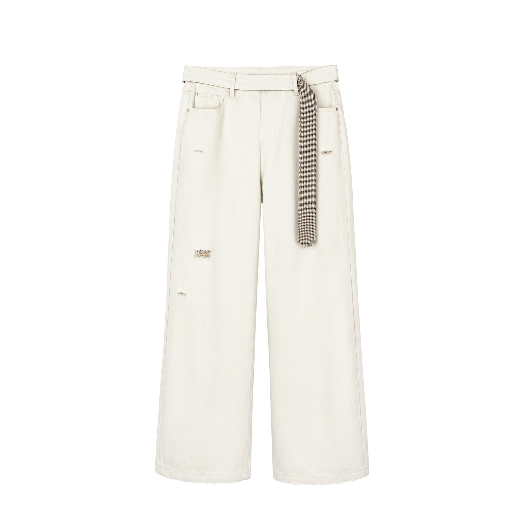OKAYTHXBYE Detachable Houndstooth Belt Distressed Wide-Leg Jeans