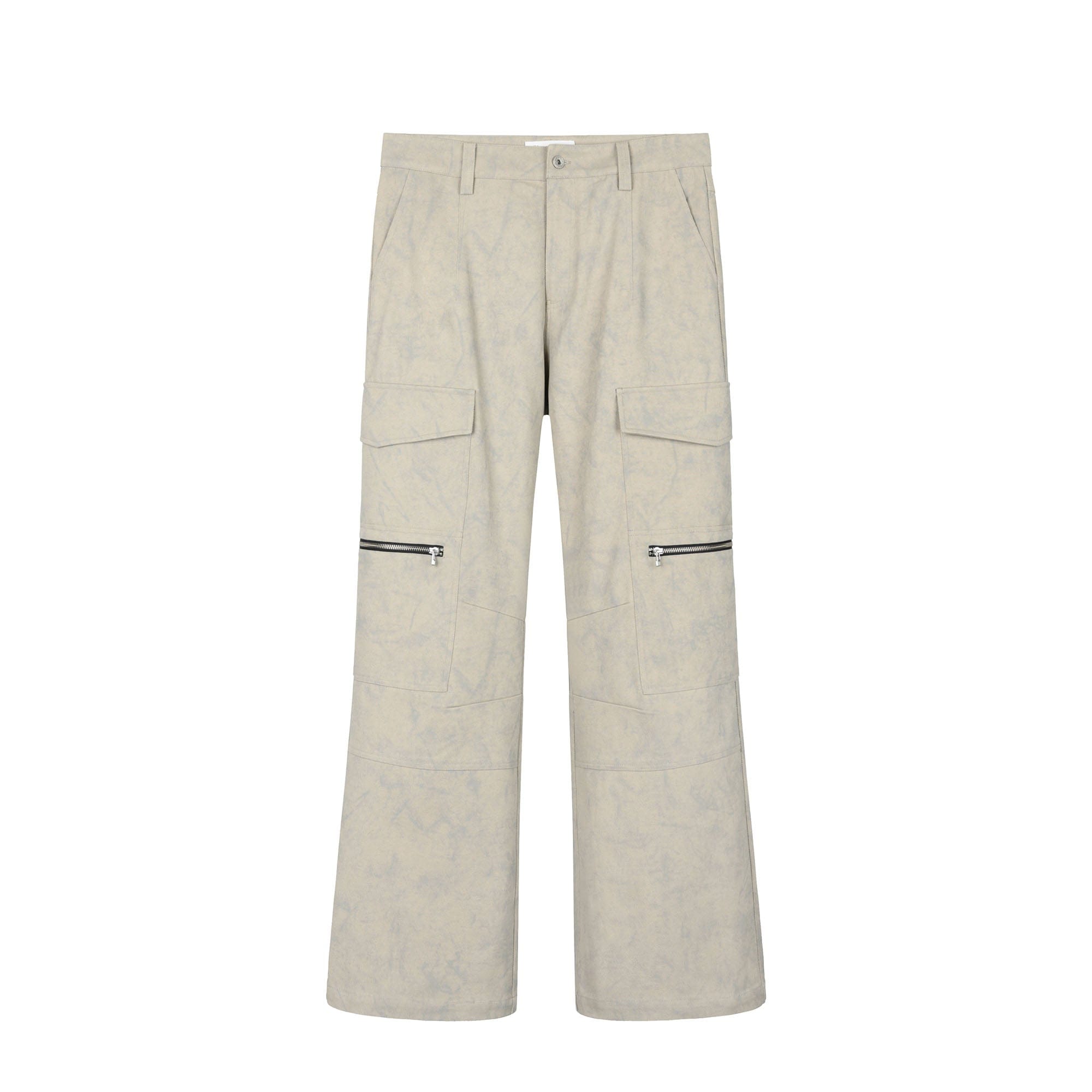 OKAYTHXBYE Muted Marble Multi-Pocket Panel Flared Cargo Pants, premium urban and streetwear designers apparel on PROJECTISR.com, OKAYTHXBYE
