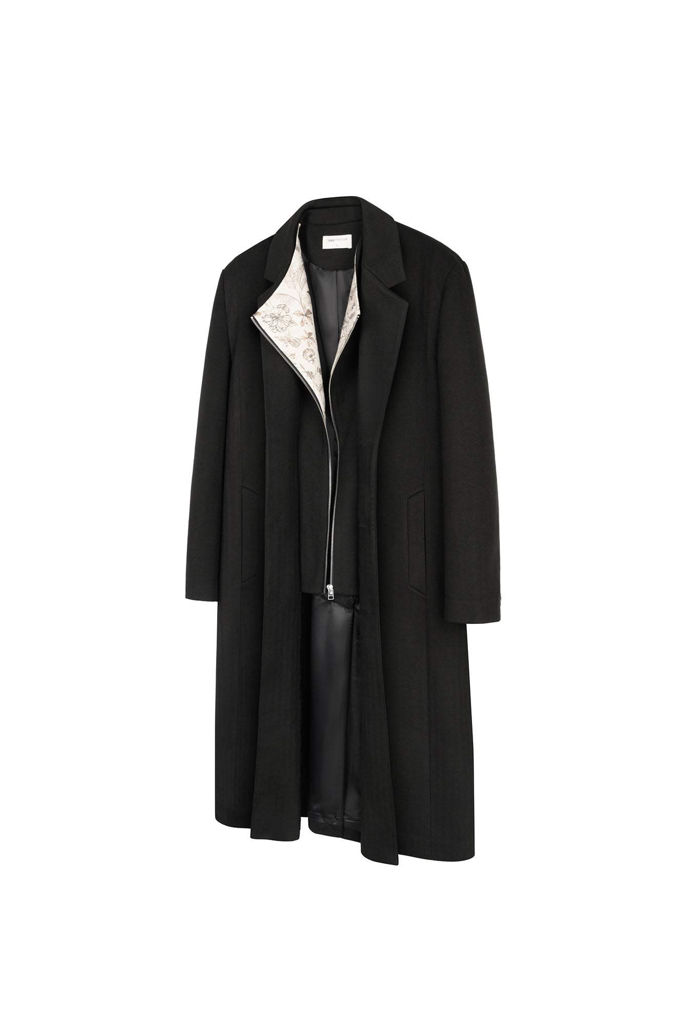 OKAYTHXBYE Convertible Jacquard Zip-Lapel Long Coat, premium urban and streetwear designers apparel on PROJECTISR.com, OKAYTHXBYE