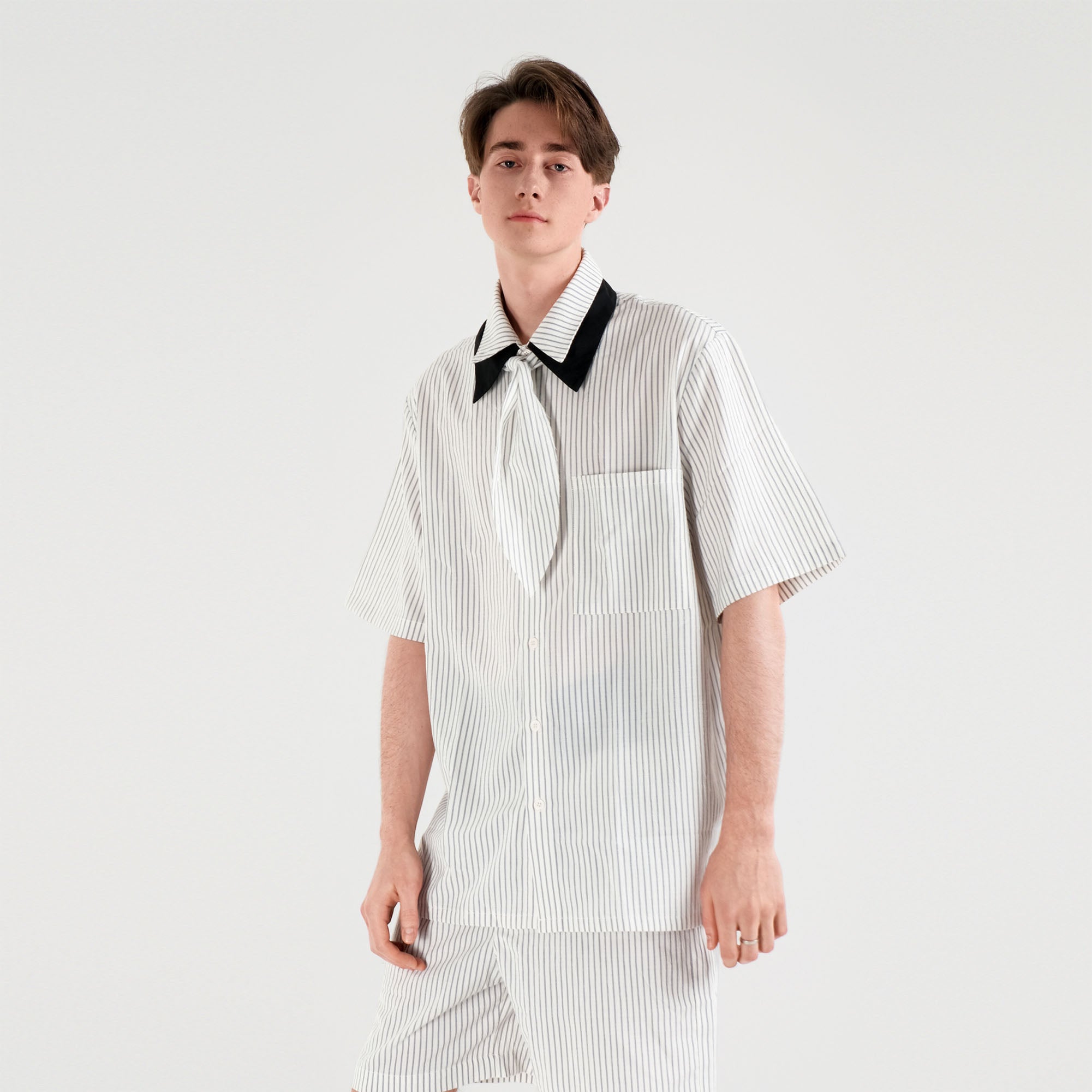 WIID Striped Contrast-Collar Tie-Neck Half Shirt, premium urban and streetwear designers apparel on PROJECTISR.com, WIID